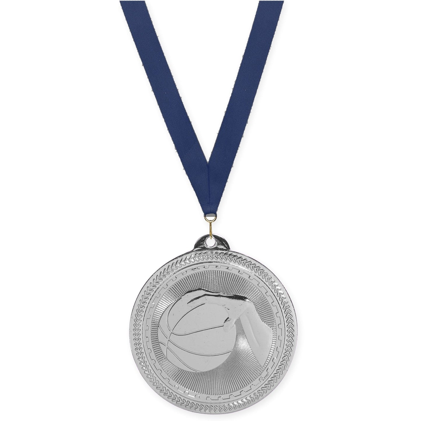 2 inch basketball Sunburst medal in bright silver with Navy neck ribbon