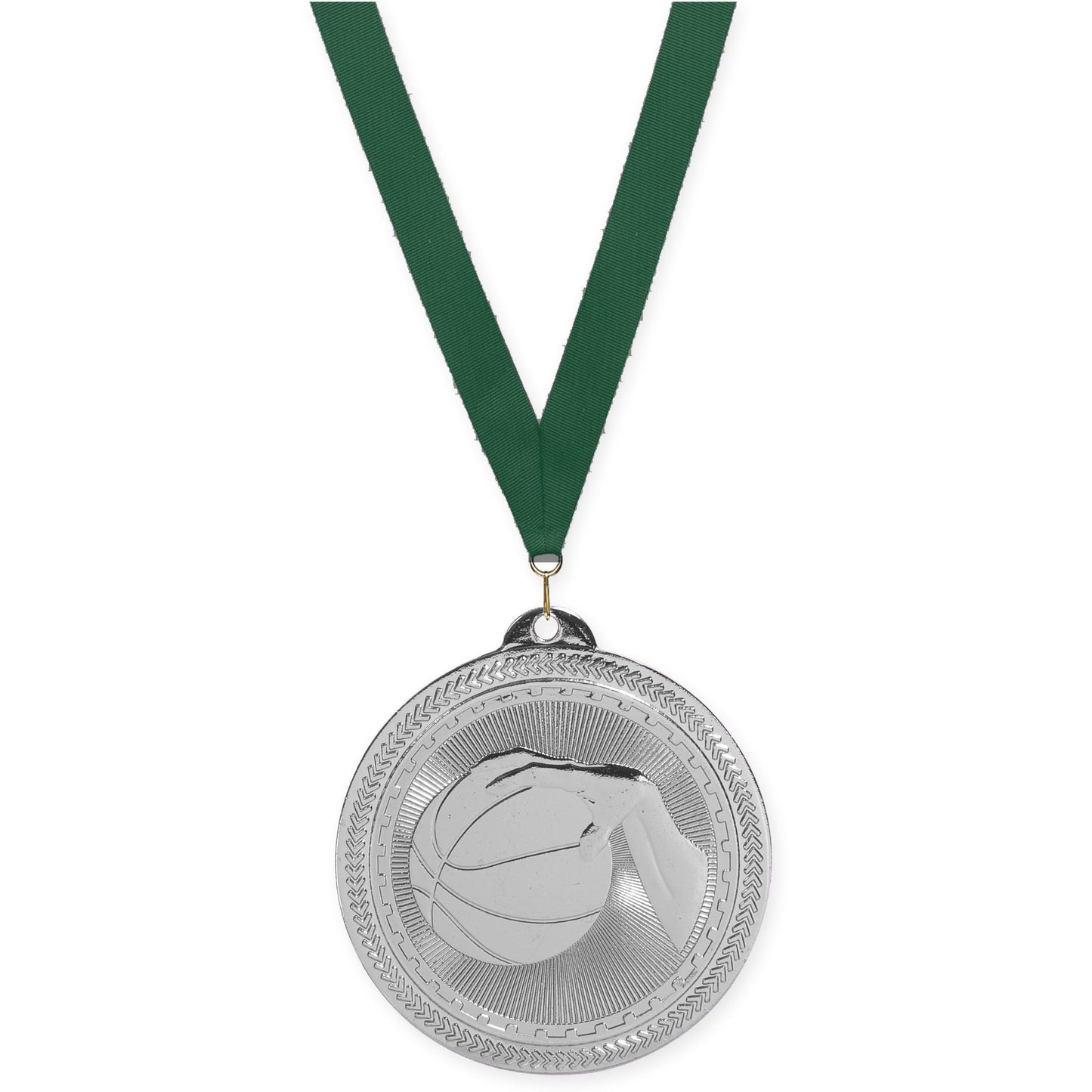 2 inch basketball Sunburst medal in bright silver with Hunter Green neck ribbon