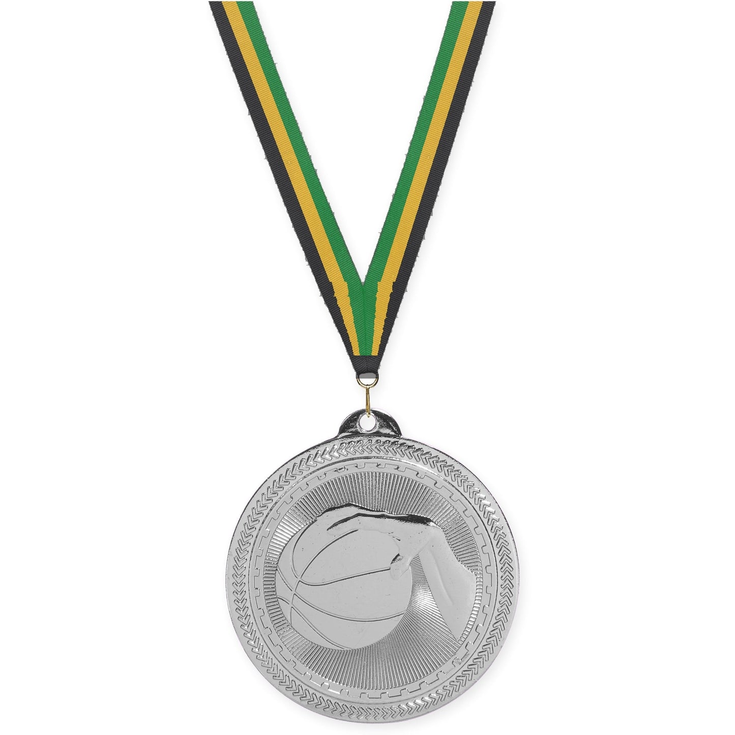 2 inch basketball Sunburst medal in bright silver with Black Gold Green neck ribbon