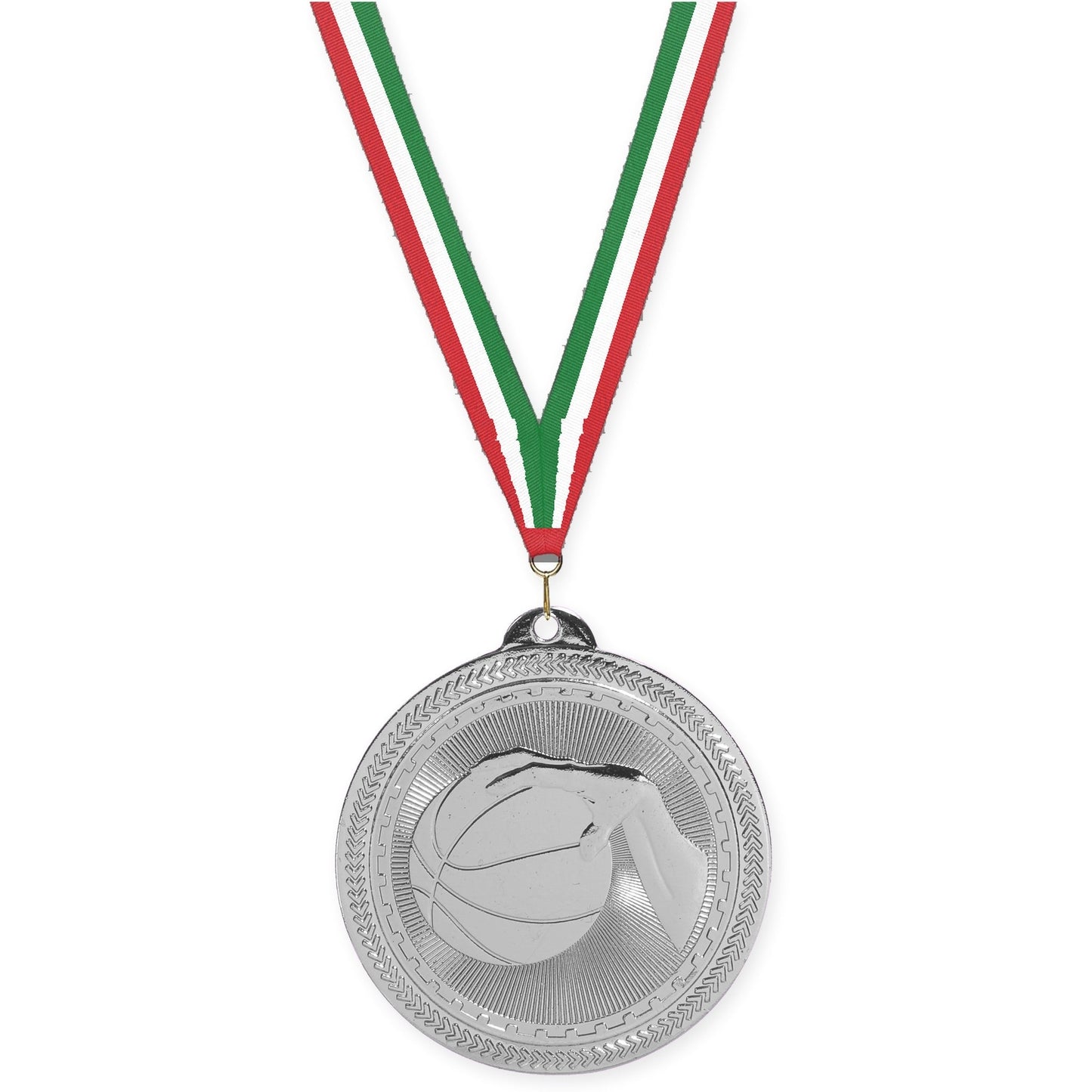 2 inch basketball Sunburst medal in bright silver with Red White Green neck ribbon
