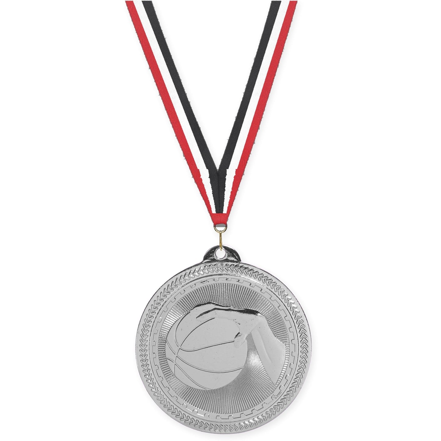 2 inch basketball Sunburst medal in bright silver with Red White Black neck ribbon