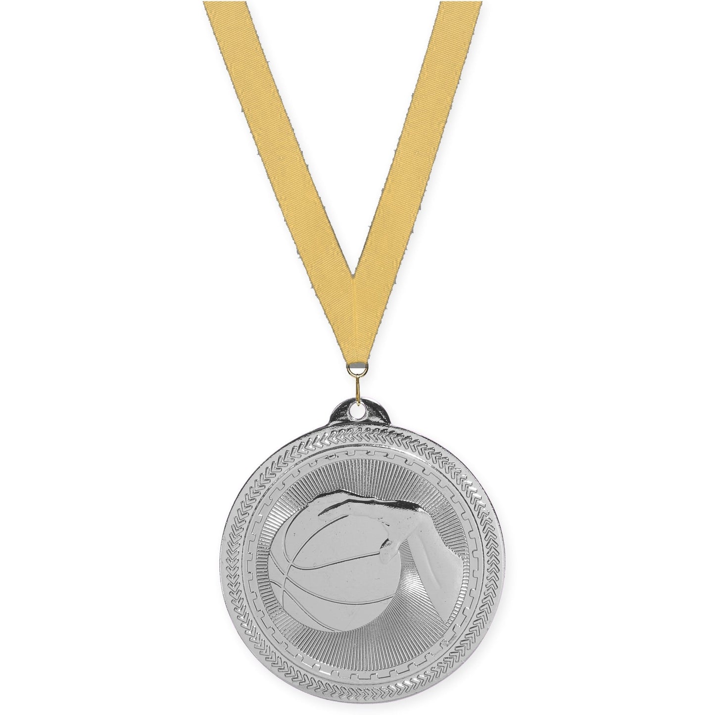 2 inch basketball Sunburst medal in bright silver with Gold Metallic neck ribbon