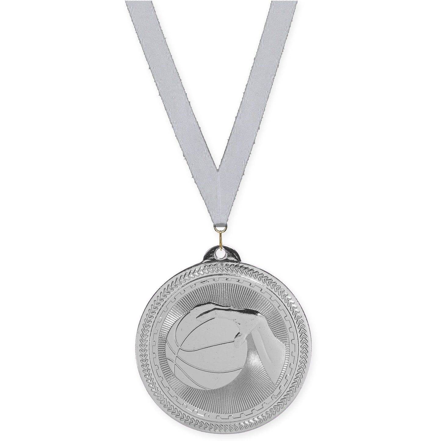 2 inch basketball Sunburst medal in bright silver with Silver Metallic neck ribbon