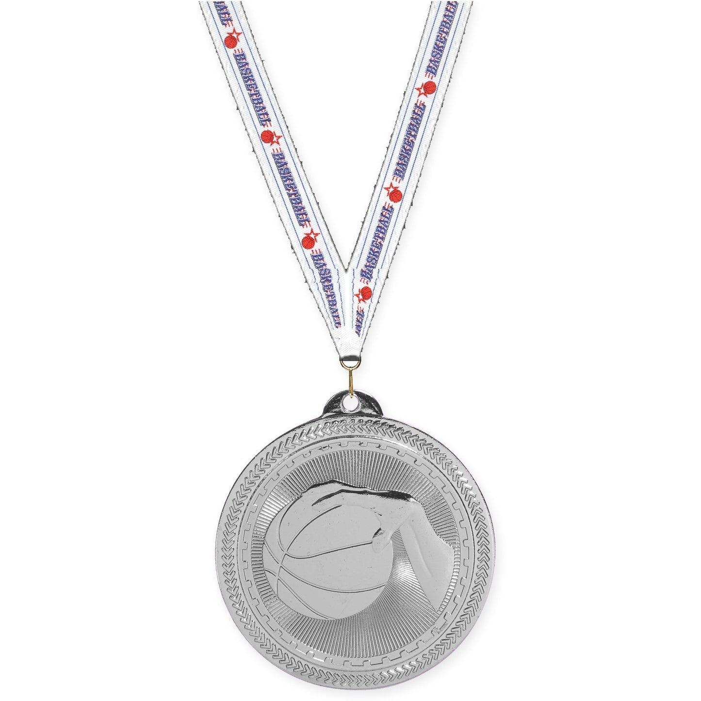 2 inch basketball Sunburst medal in bright silver with Basketball neck ribbon