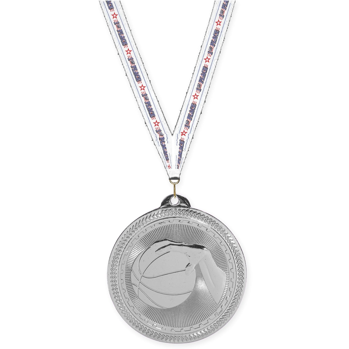 2 inch basketball Sunburst medal in bright silver with 1st Place neck ribbon
