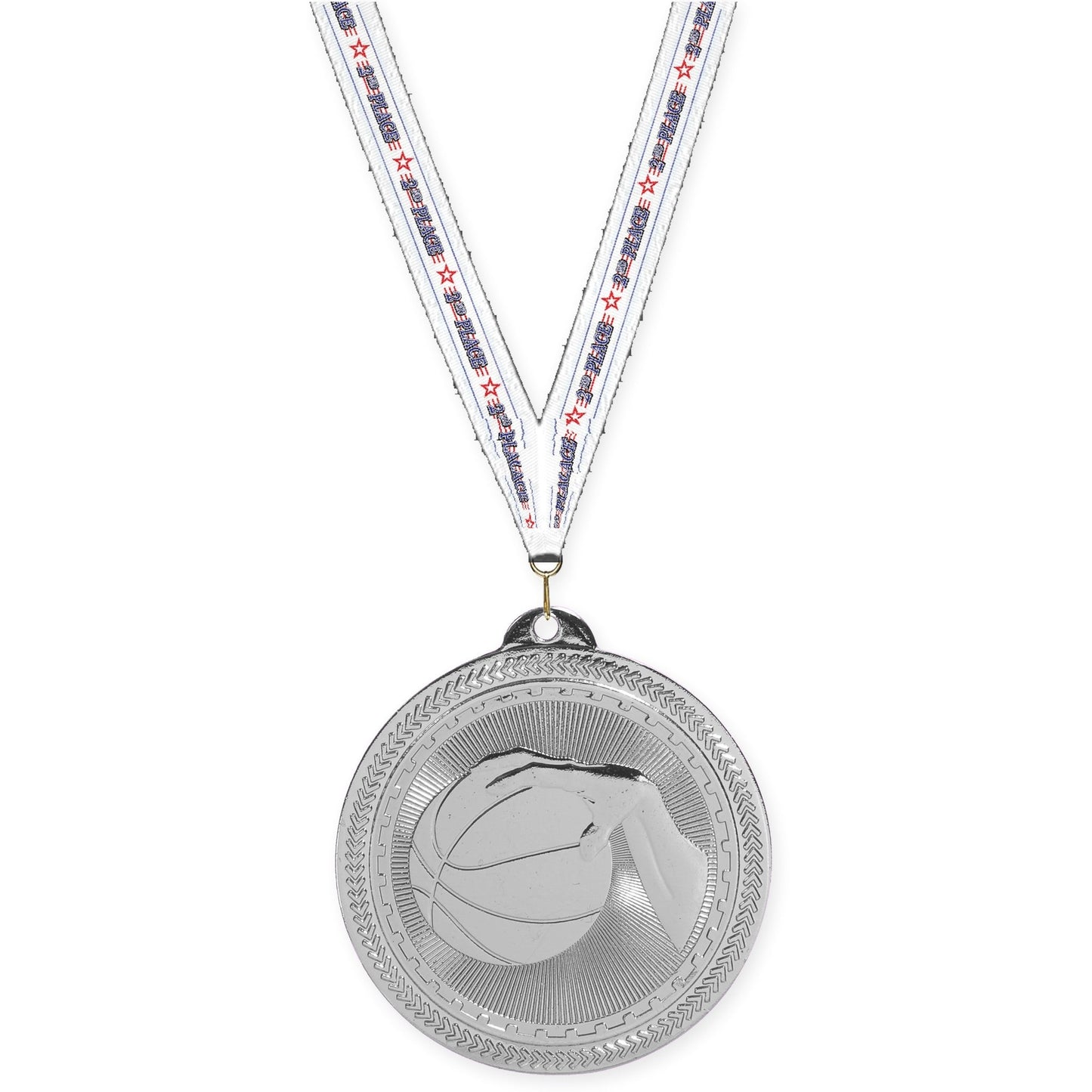 2 inch basketball Sunburst medal in bright silver with 2nd Place neck ribbon