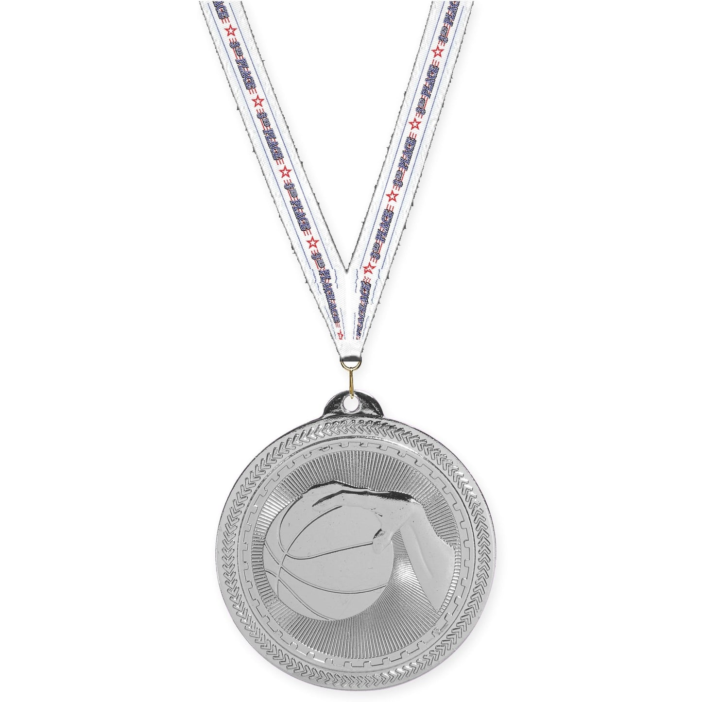 2 inch basketball Sunburst medal in bright silver with 3rd Place neck ribbon