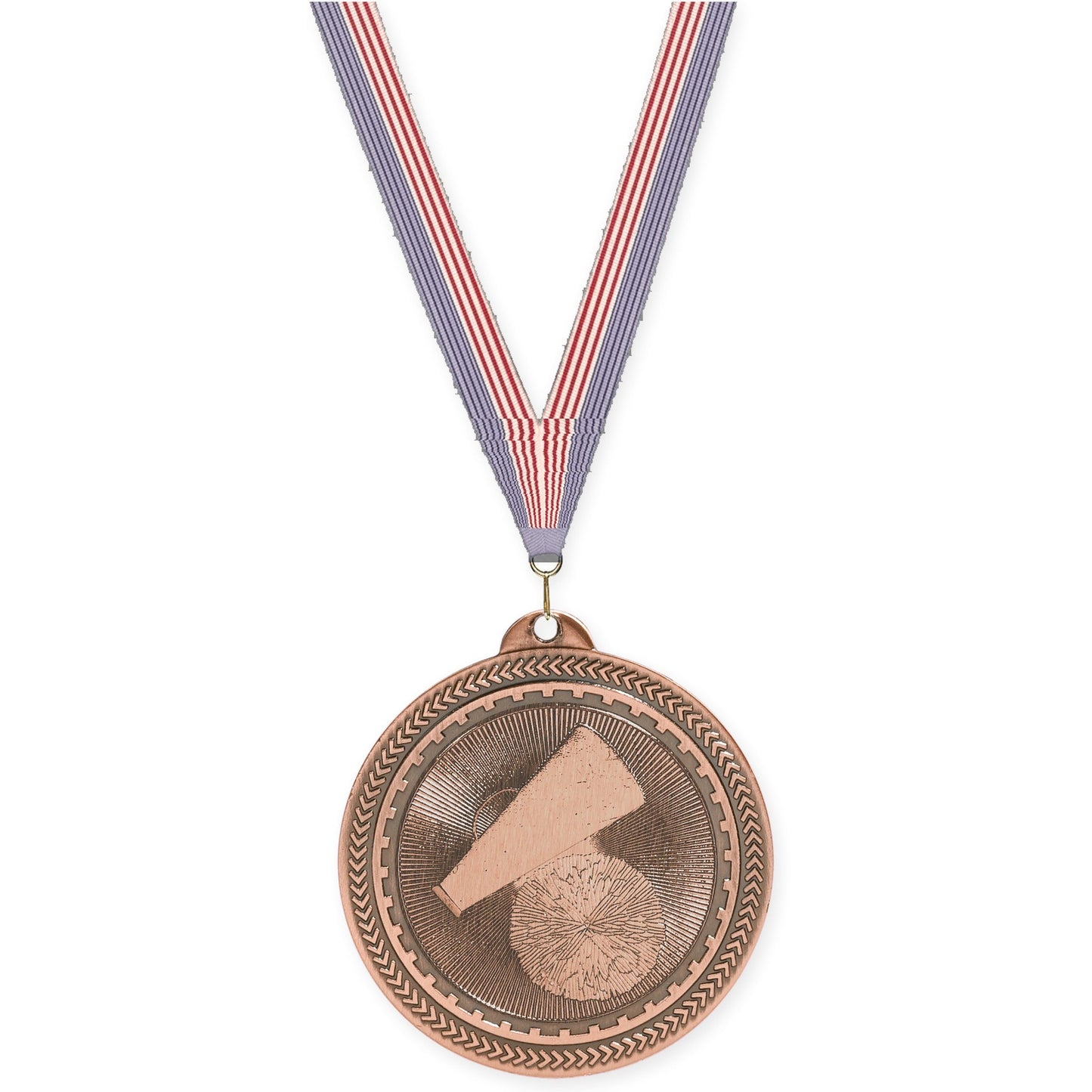 2 inch cheerleading Sunburst medal in antique bronze with USA Flag neck ribbon