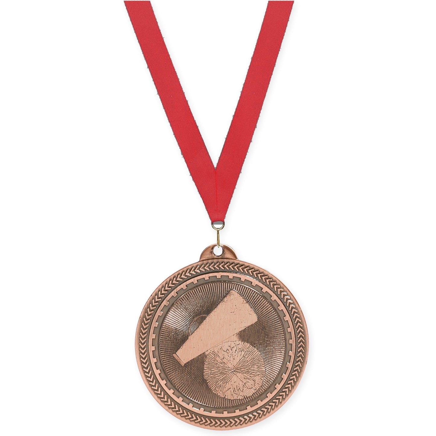 2 inch cheerleading Sunburst medal in antique bronze with Red neck ribbon