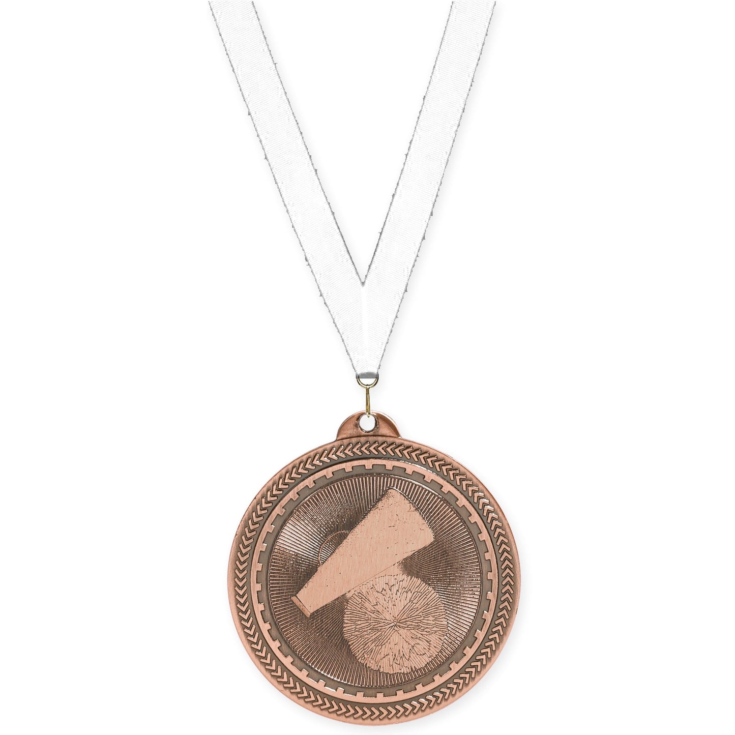 2 inch cheerleading Sunburst medal in antique bronze with White neck ribbon