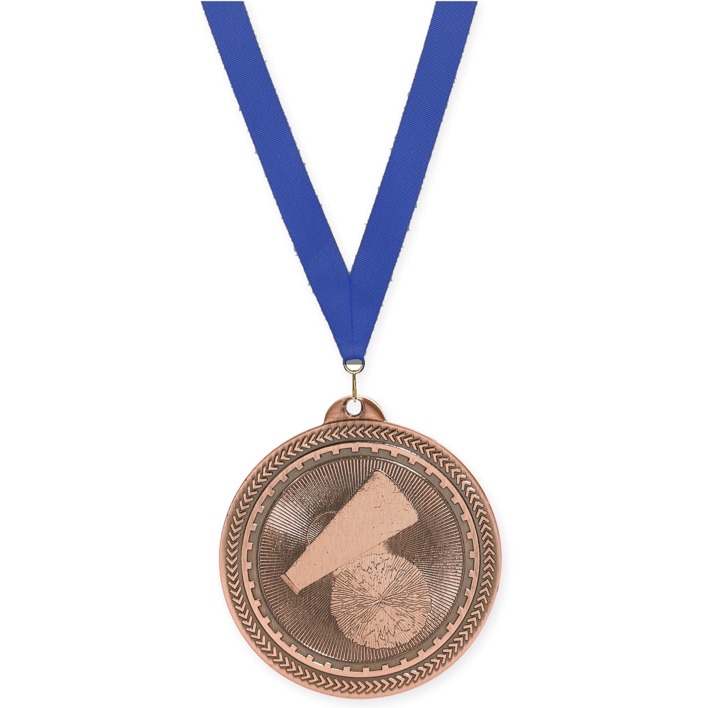 2 inch cheerleading Sunburst medal in antique bronze with Blue neck ribbon