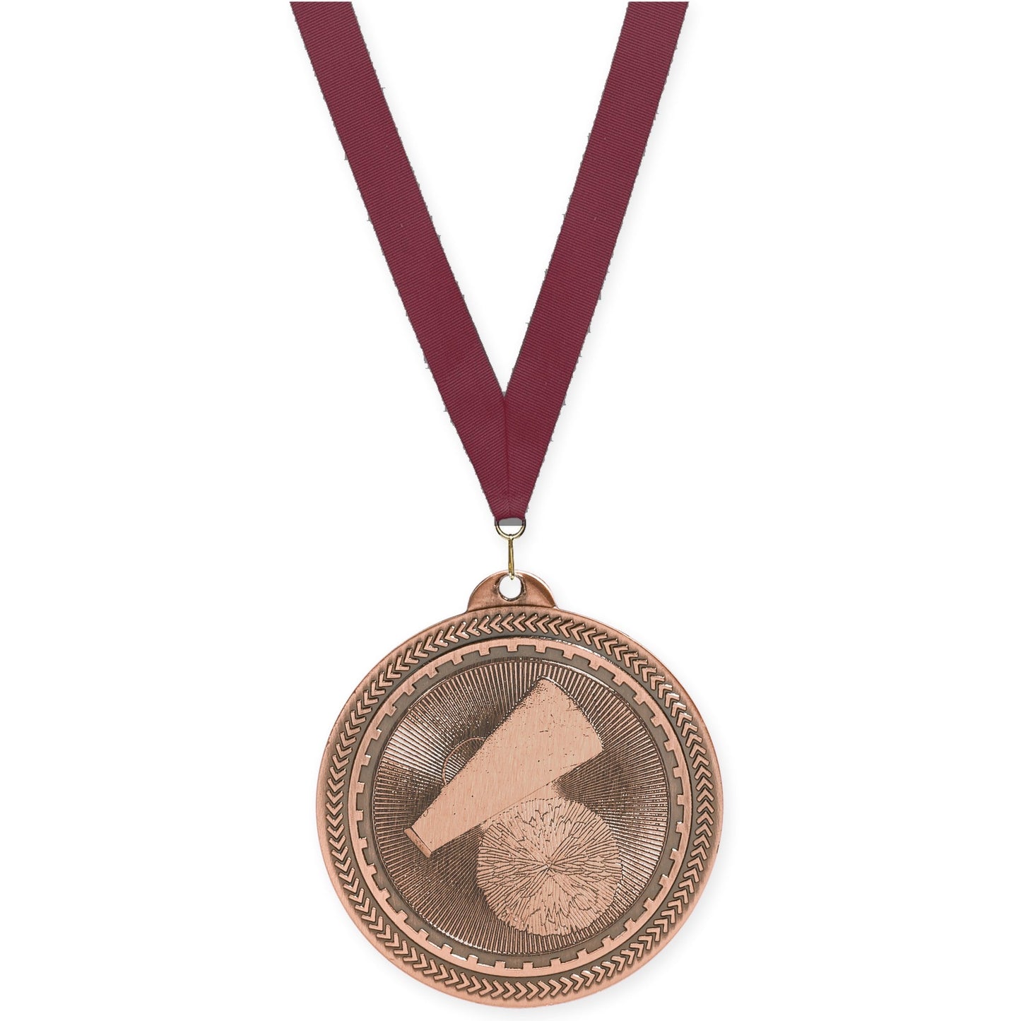 2 inch cheerleading Sunburst medal in antique bronze with Maroon neck ribbon