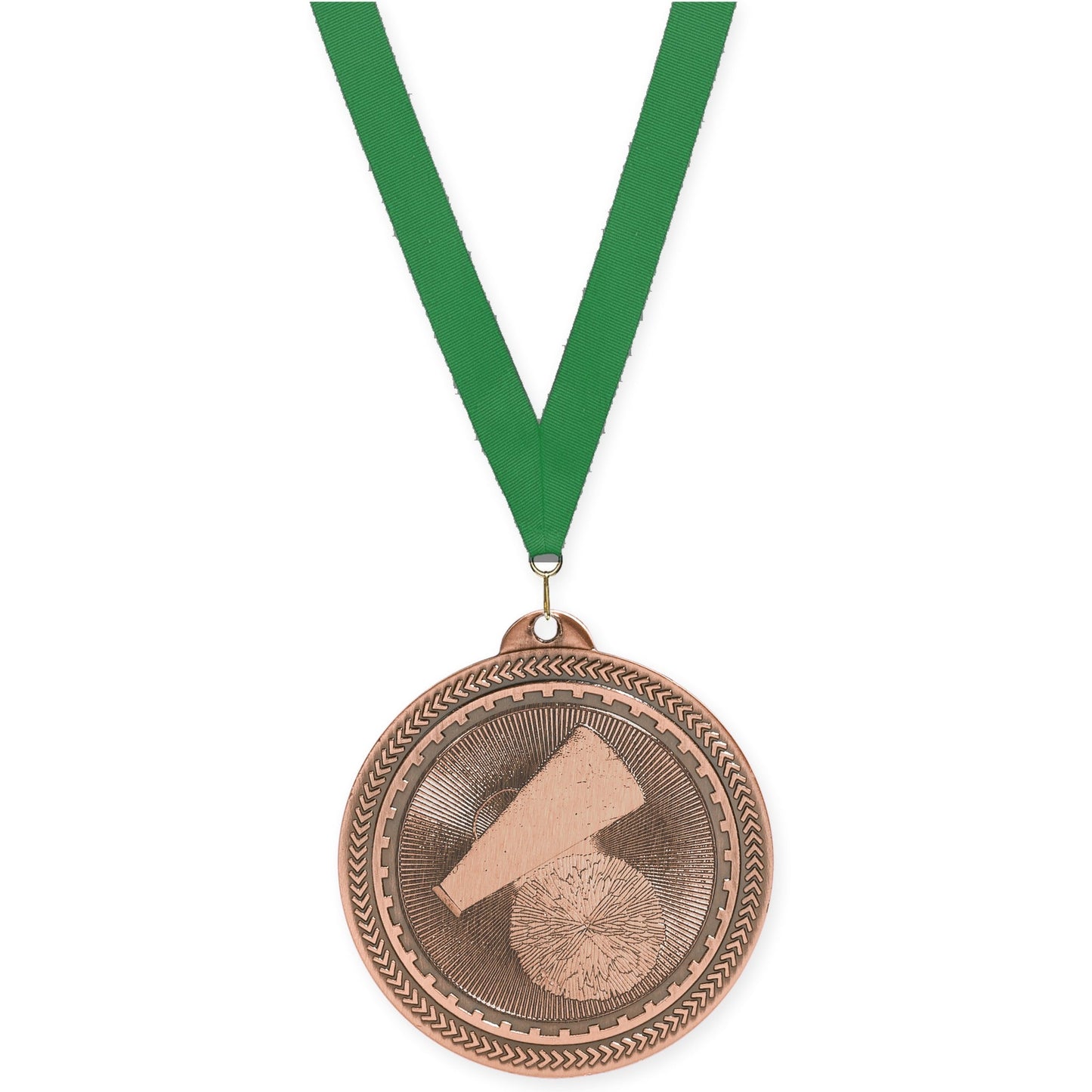 2 inch cheerleading Sunburst medal in antique bronze with Green neck ribbon