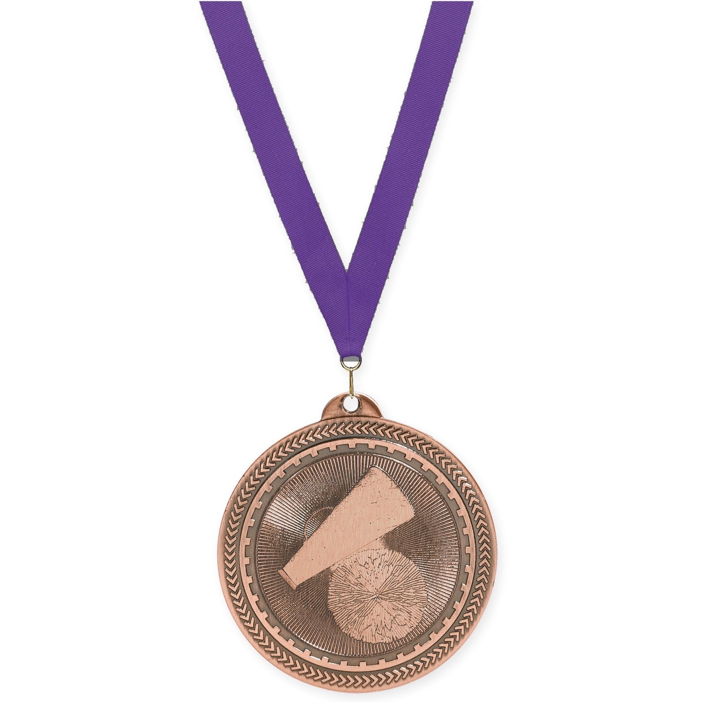2 inch cheerleading Sunburst medal in antique bronze with Purple neck ribbon