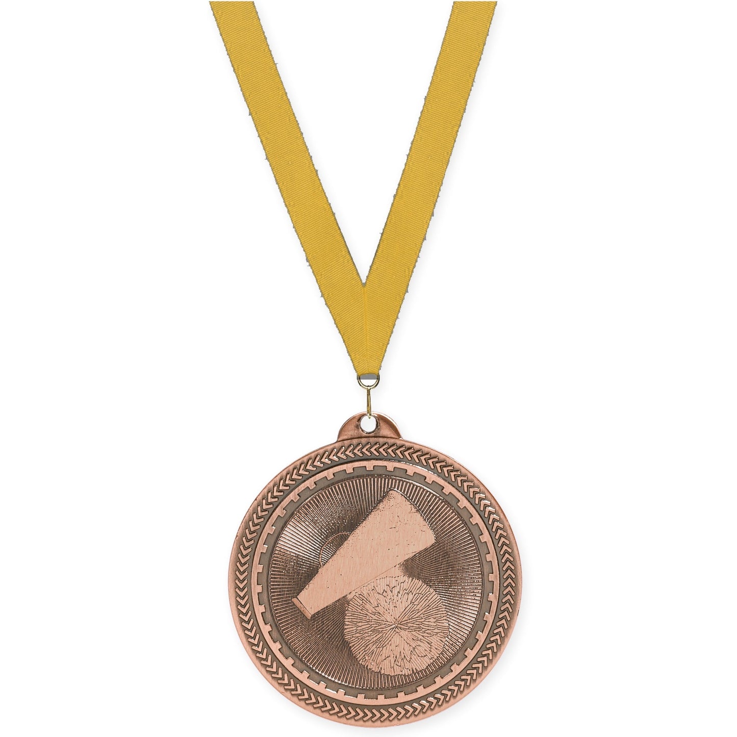 2 inch cheerleading Sunburst medal in antique bronze with Gold neck ribbon
