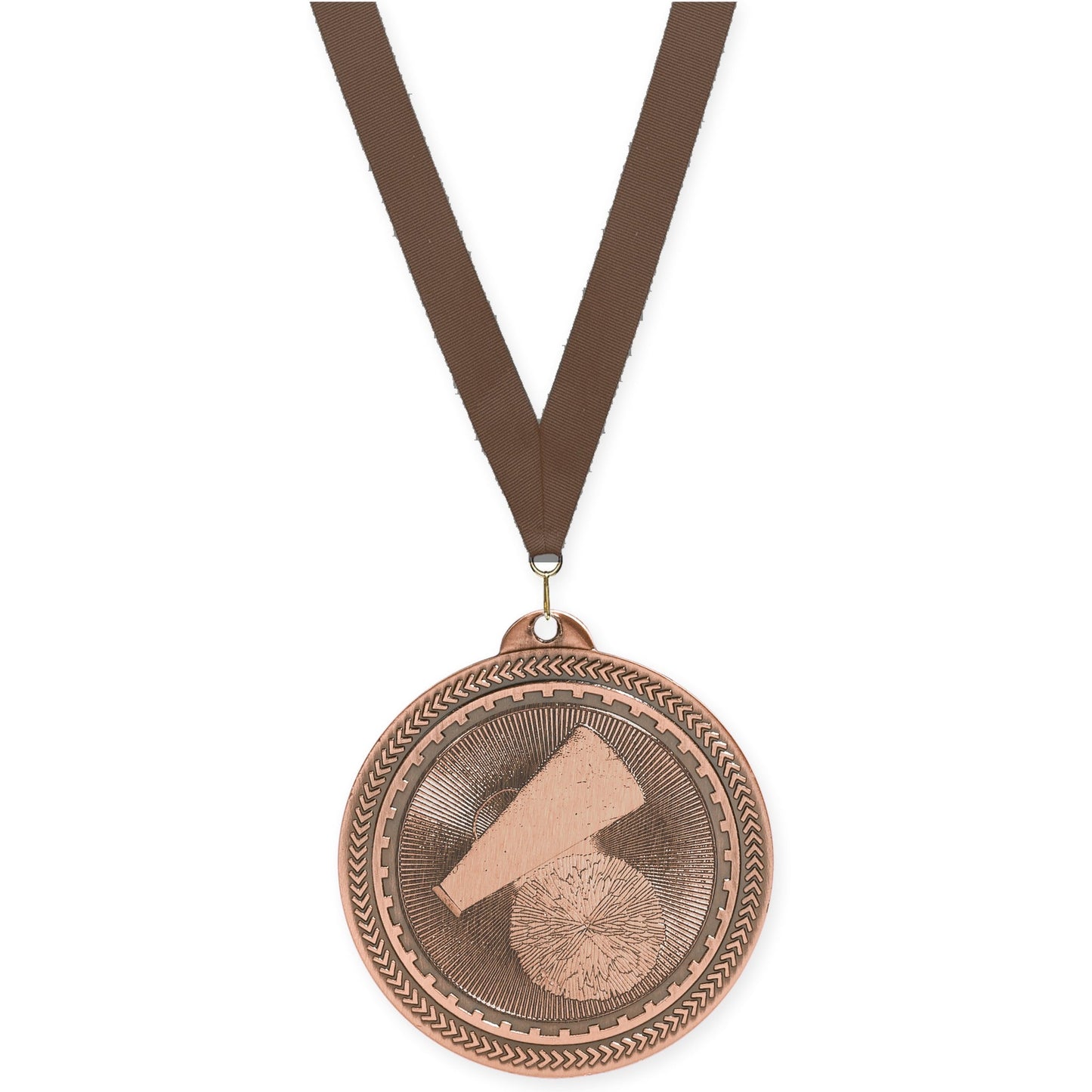2 inch cheerleading Sunburst medal in antique bronze with Brown neck ribbon