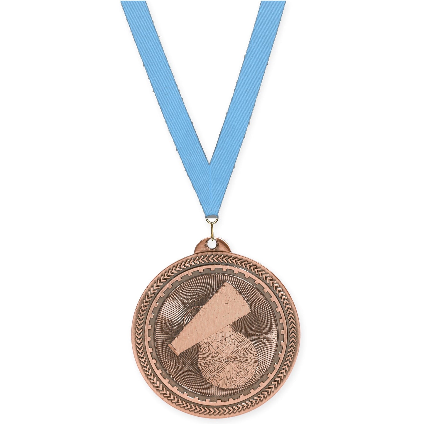 2 inch cheerleading Sunburst medal in antique bronze with Light Blue neck ribbon