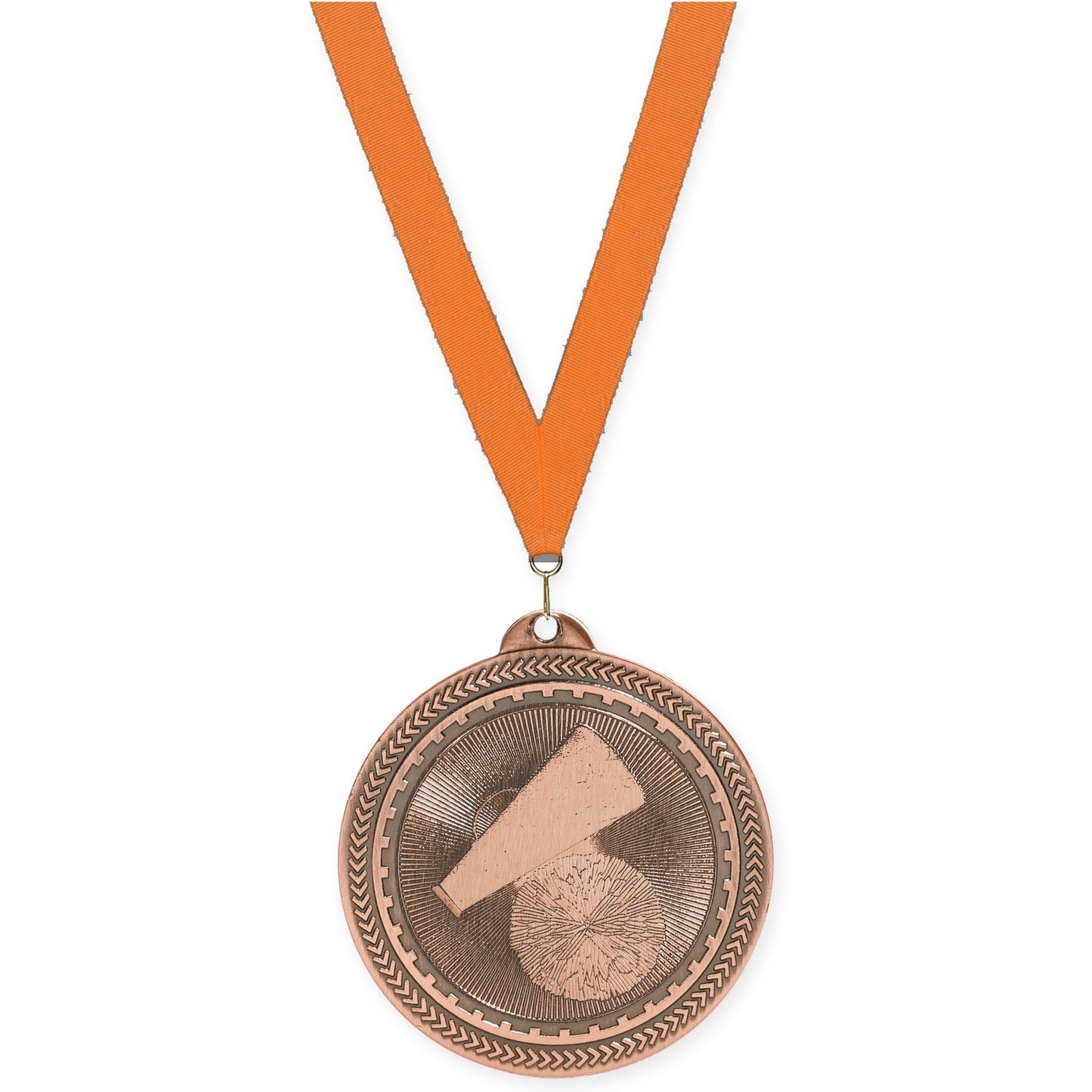 2 inch cheerleading Sunburst medal in antique bronze with Orange neck ribbon