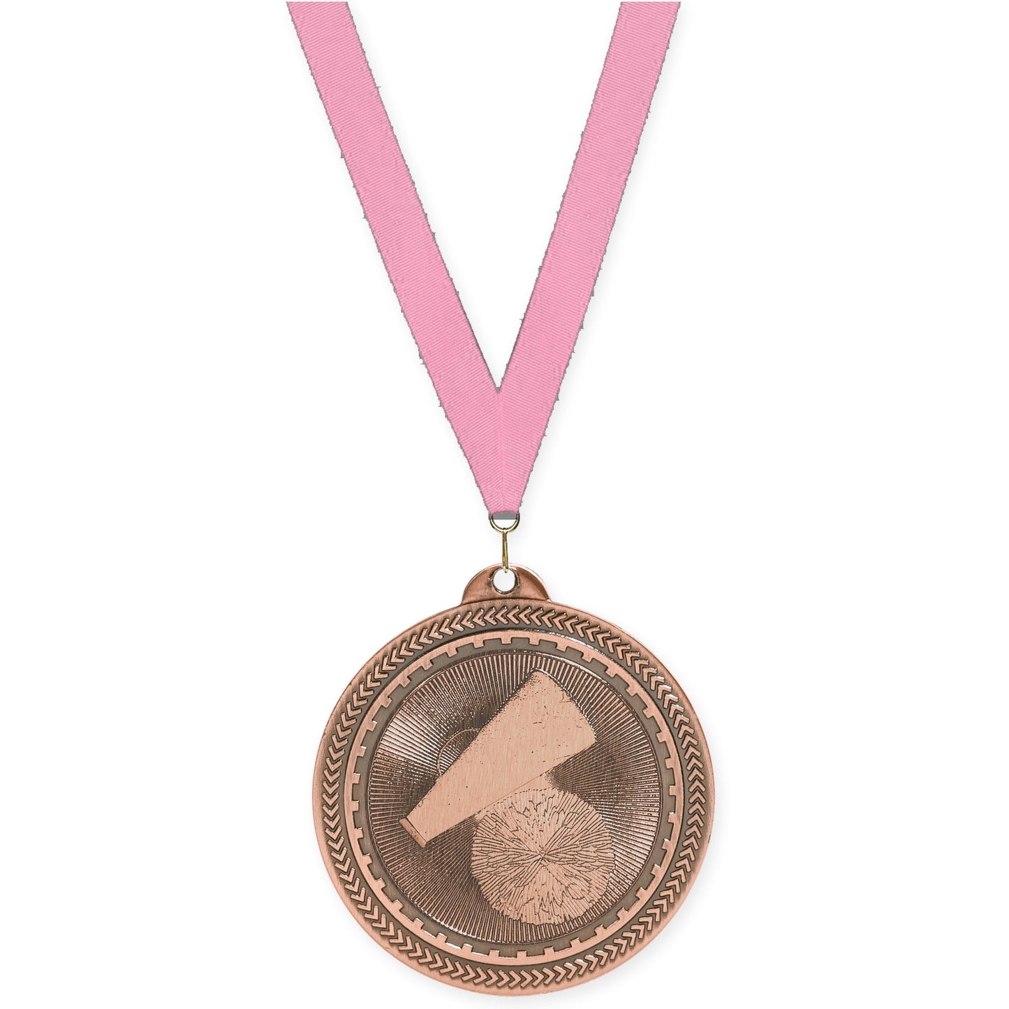 2 inch cheerleading Sunburst medal in antique bronze with Pink neck ribbon