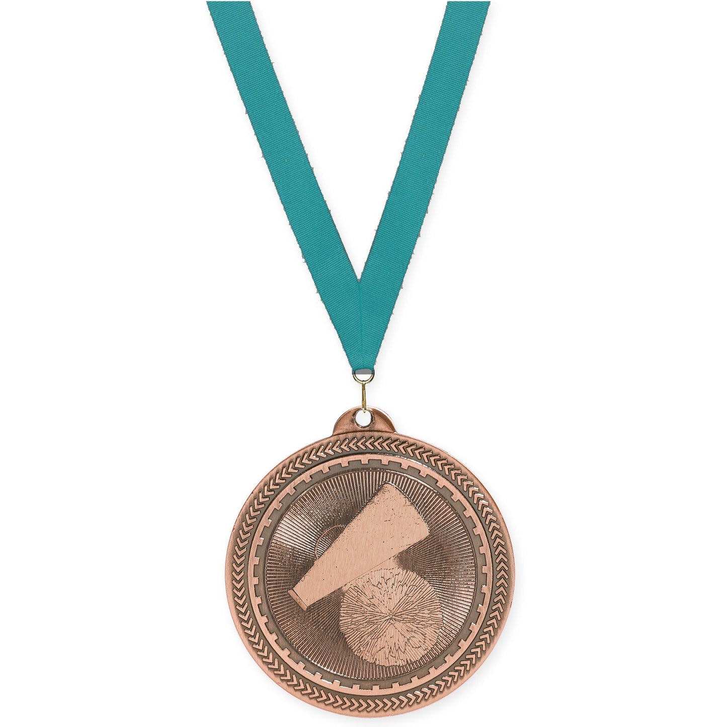 2 inch cheerleading Sunburst medal in antique bronze with Teal neck ribbon