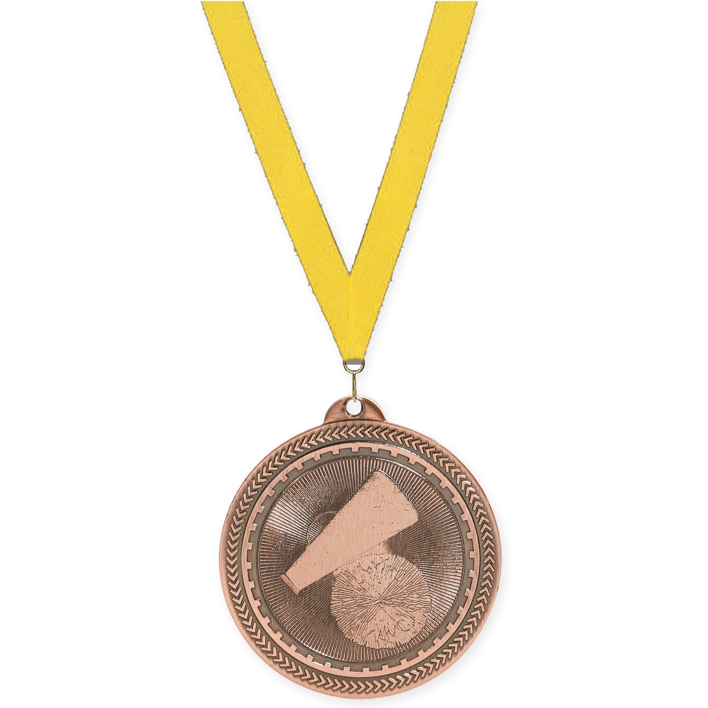 2 inch cheerleading Sunburst medal in antique bronze with Yellow neck ribbon