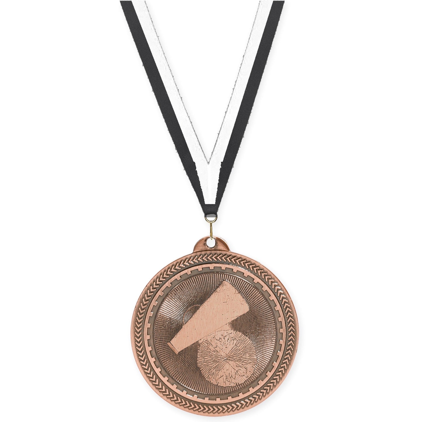 2 inch cheerleading Sunburst medal in antique bronze with Black White neck ribbon