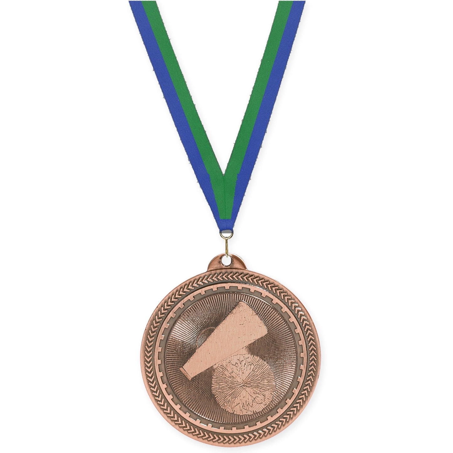 2 inch cheerleading Sunburst medal in antique bronze with Blue Green neck ribbon