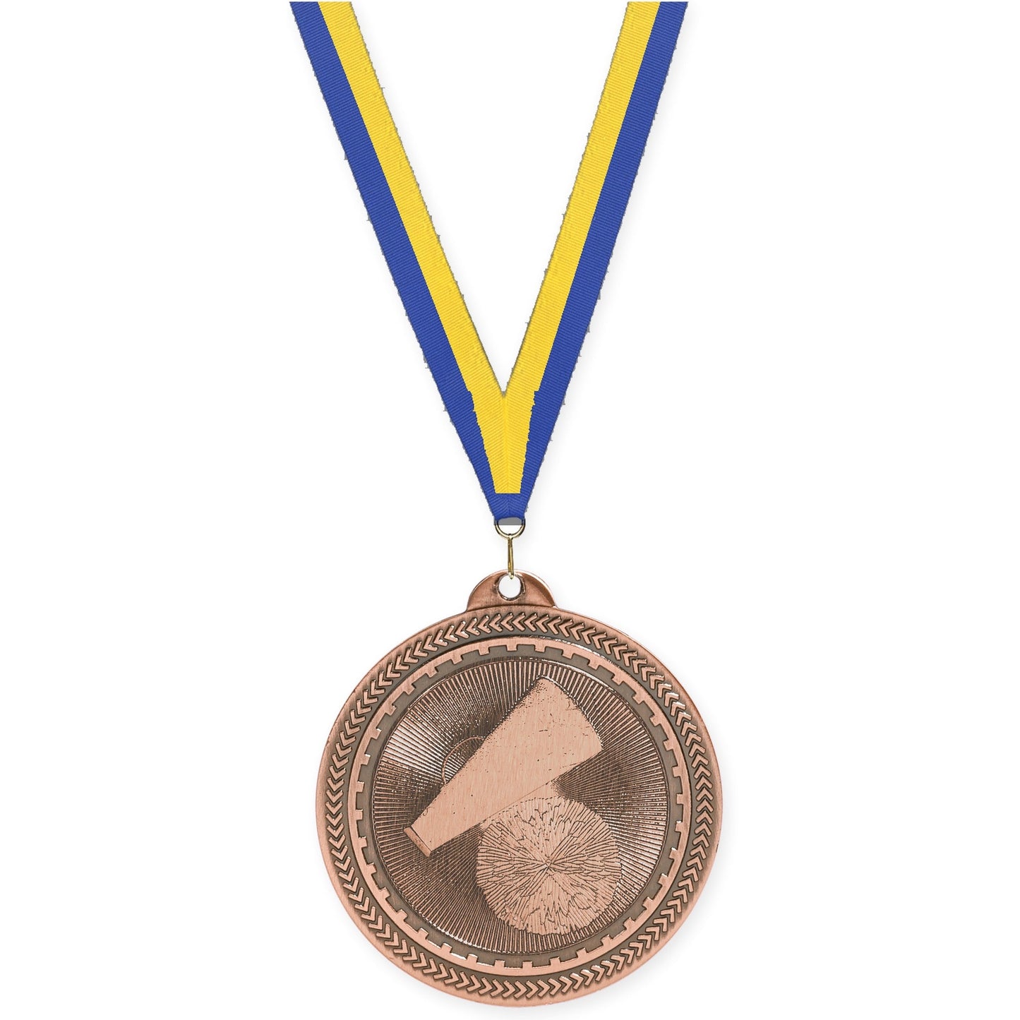 2 inch cheerleading Sunburst medal in antique bronze with Blue Yellow neck ribbon