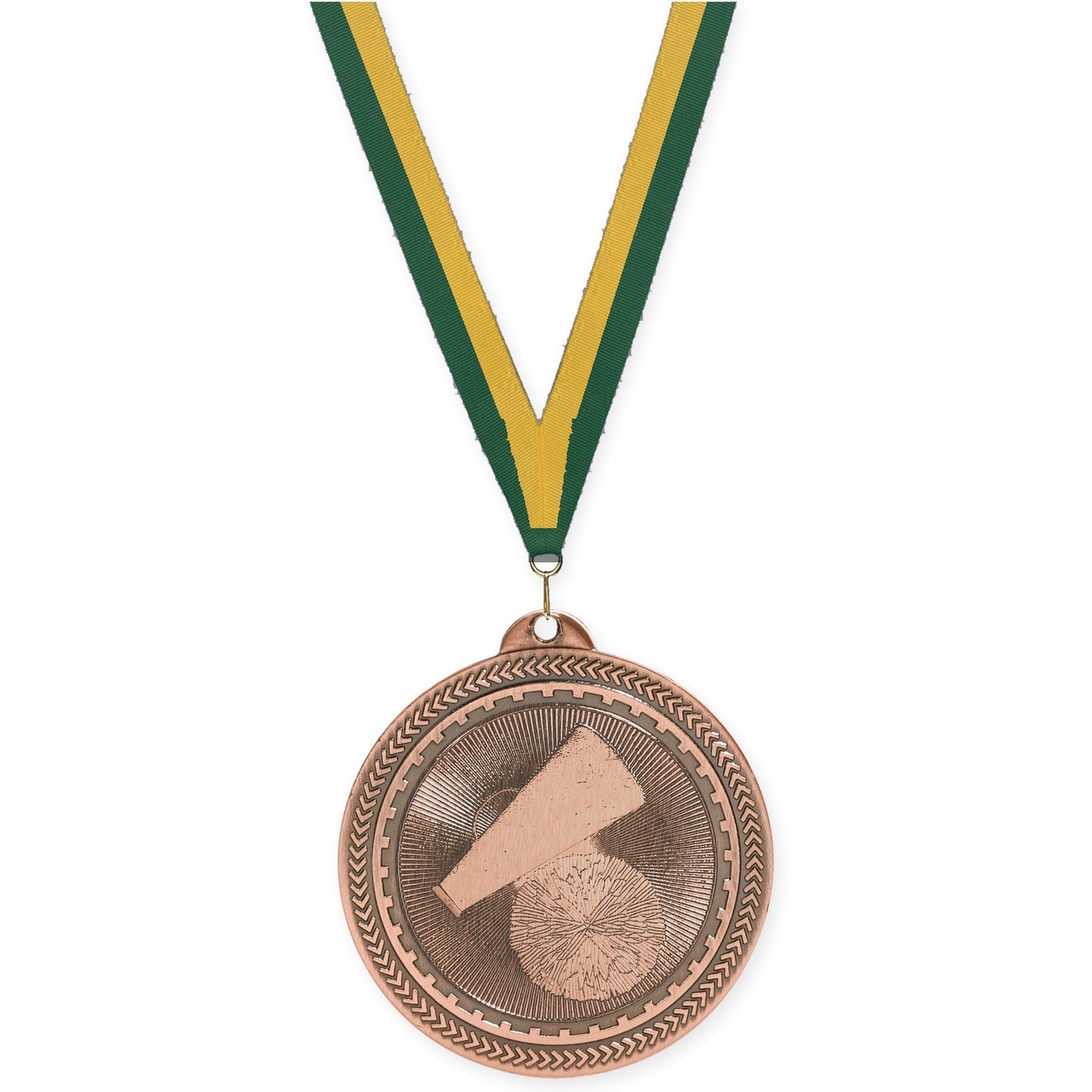 2 inch cheerleading Sunburst medal in antique bronze with Hunter Green Gold neck ribbon