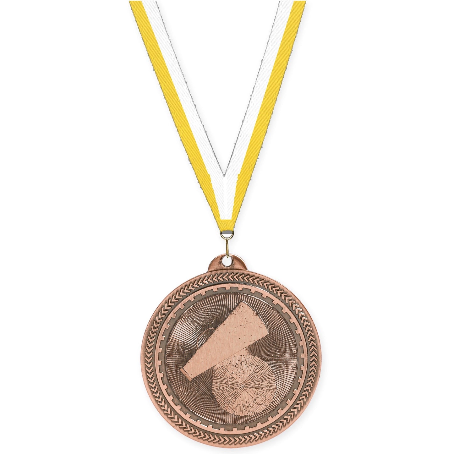 2 inch cheerleading Sunburst medal in antique bronze with Yellow White neck ribbon