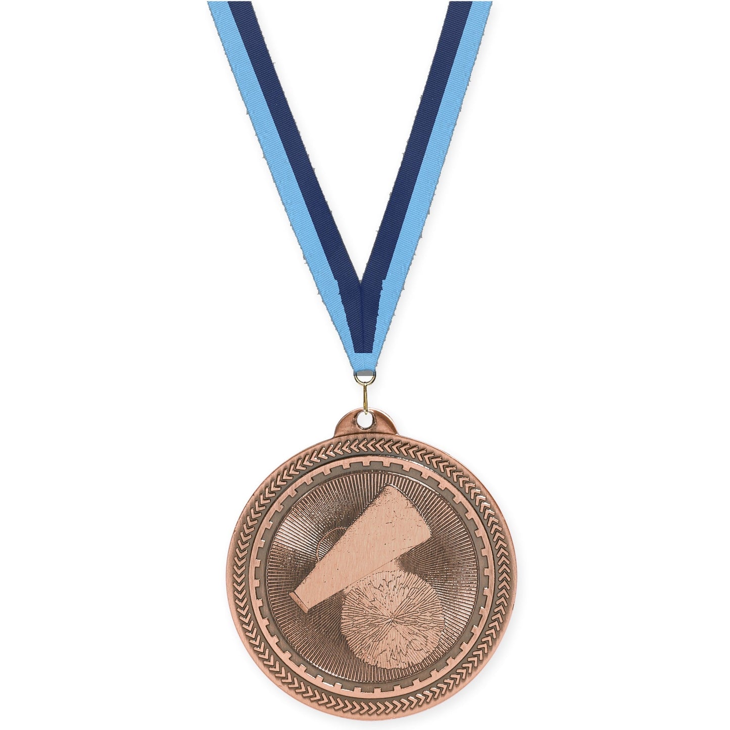 2 inch cheerleading Sunburst medal in antique bronze with Light Blue Navy neck ribbon