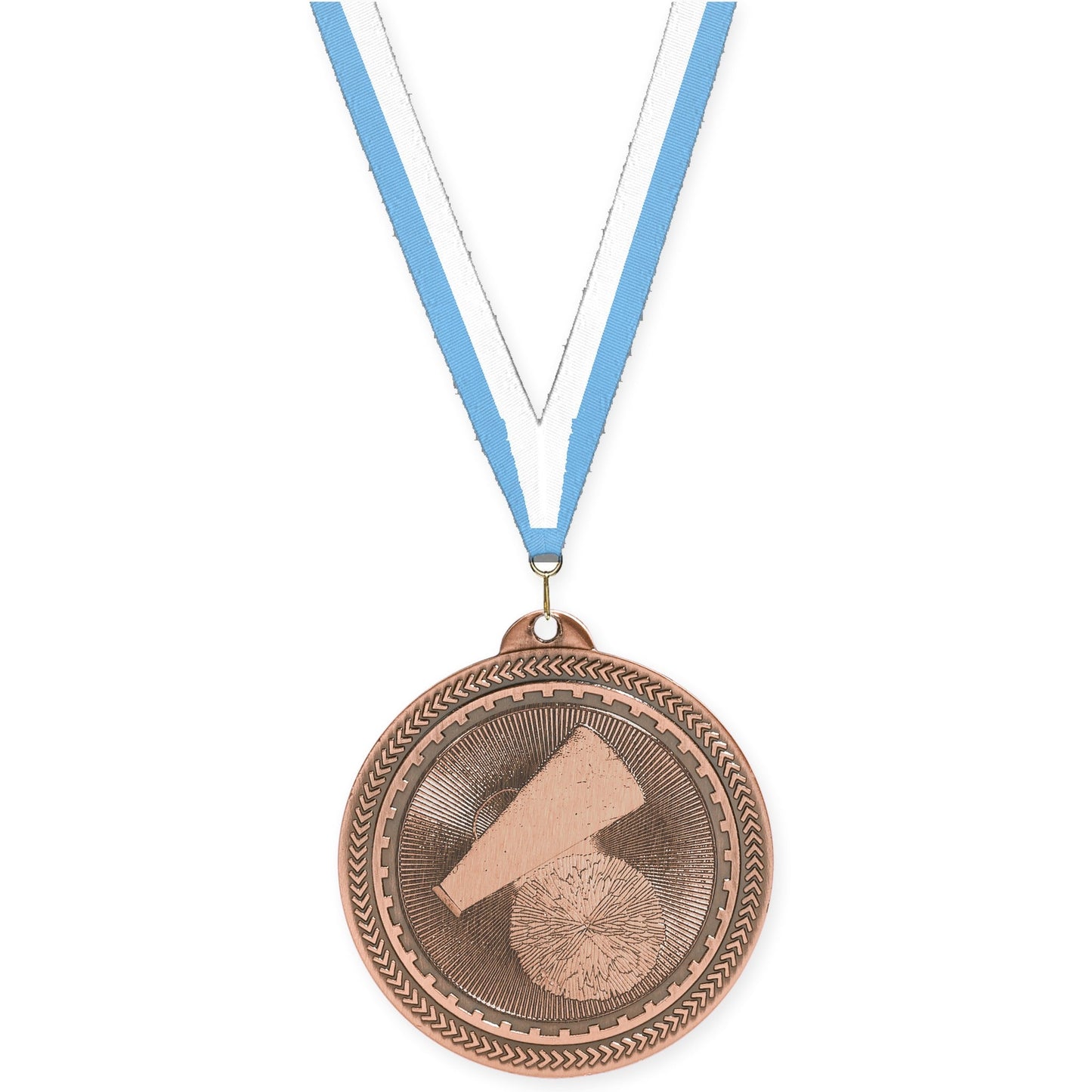 2 inch cheerleading Sunburst medal in antique bronze with Light Blue White neck ribbon