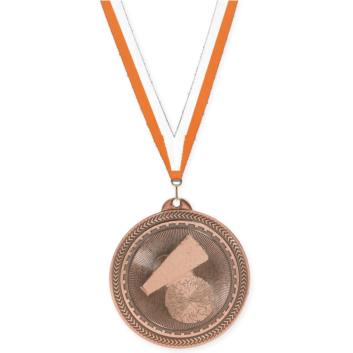 2 inch cheerleading Sunburst medal in antique bronze with Orange White neck ribbon