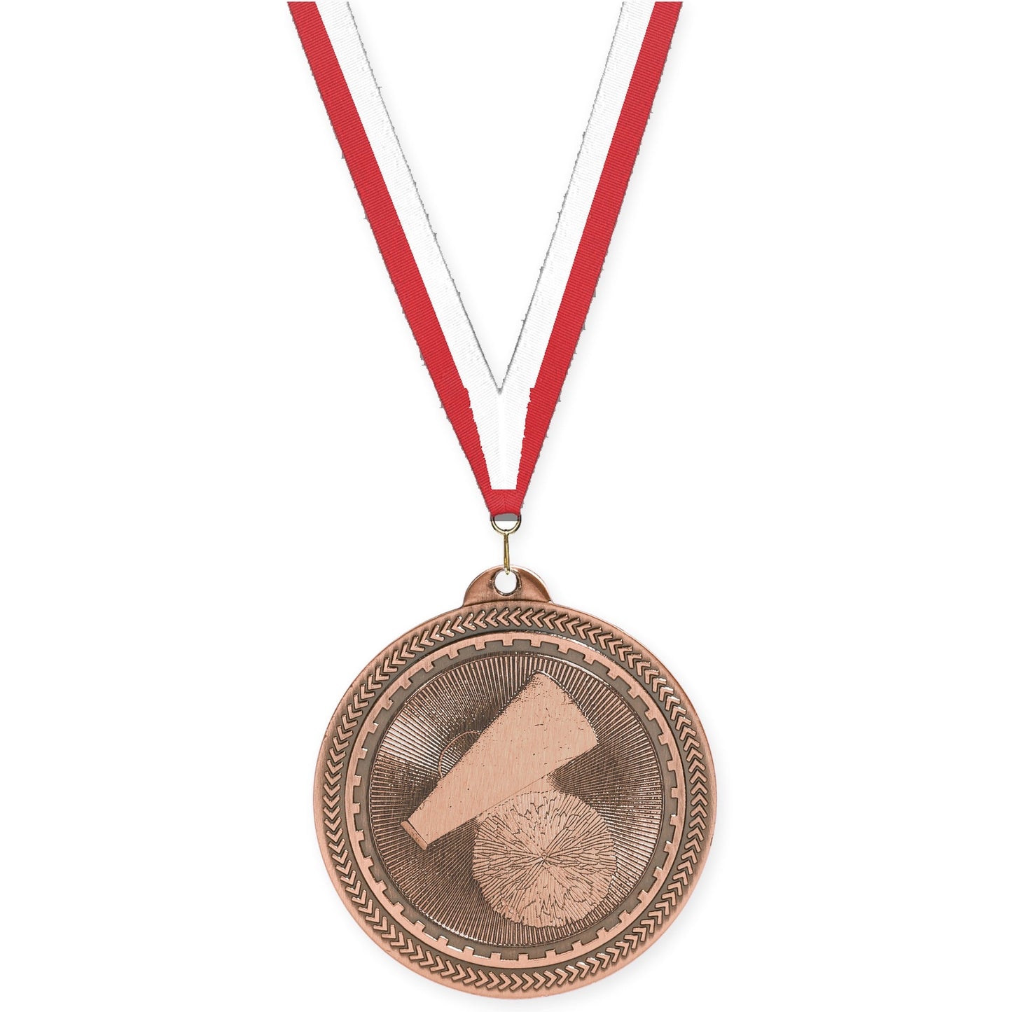 2 inch cheerleading Sunburst medal in antique bronze with Red White neck ribbon