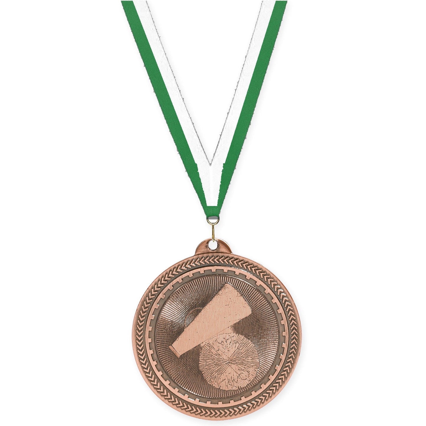 2 inch cheerleading Sunburst medal in antique bronze with Green White neck ribbon