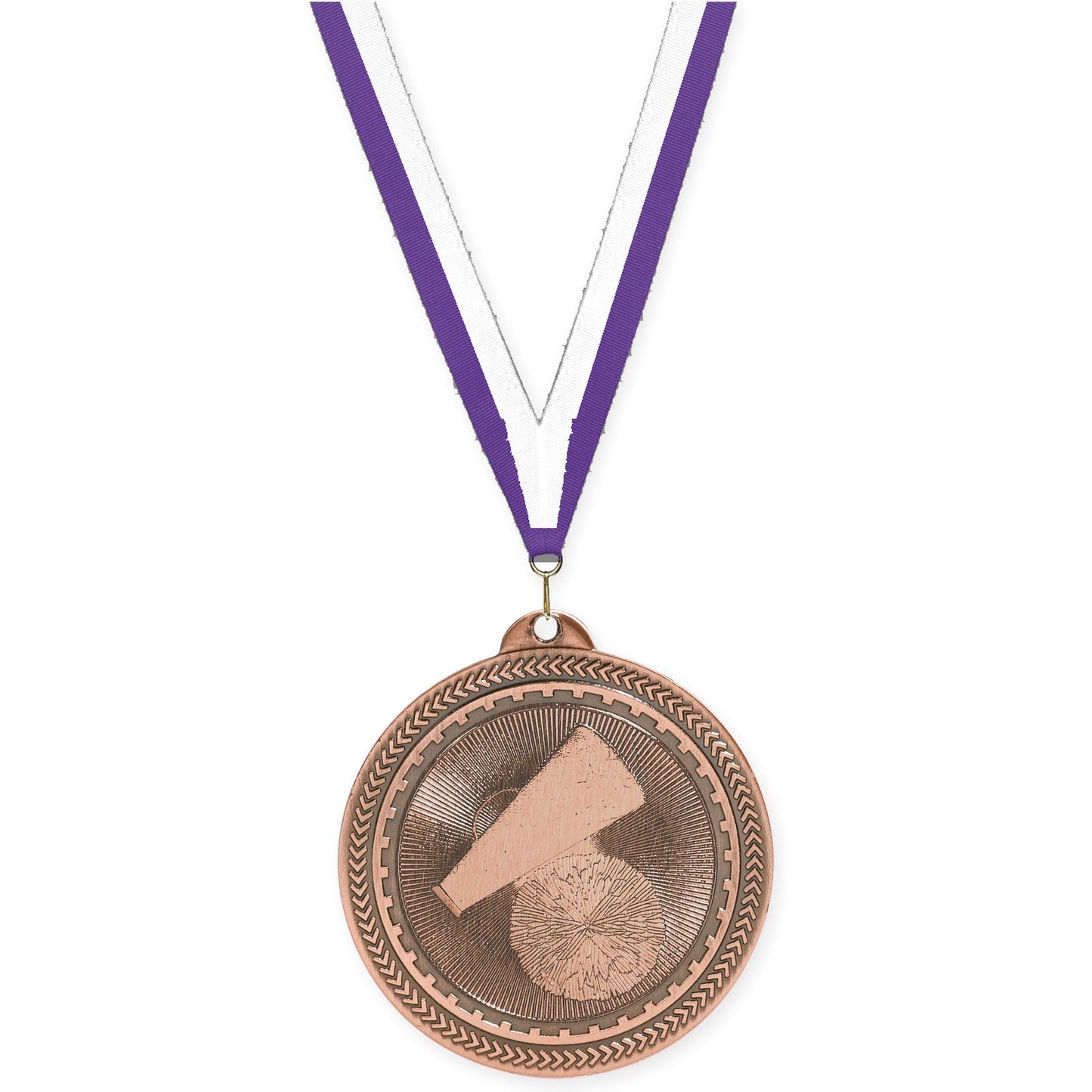 2 inch cheerleading Sunburst medal in antique bronze with Purple White neck ribbon