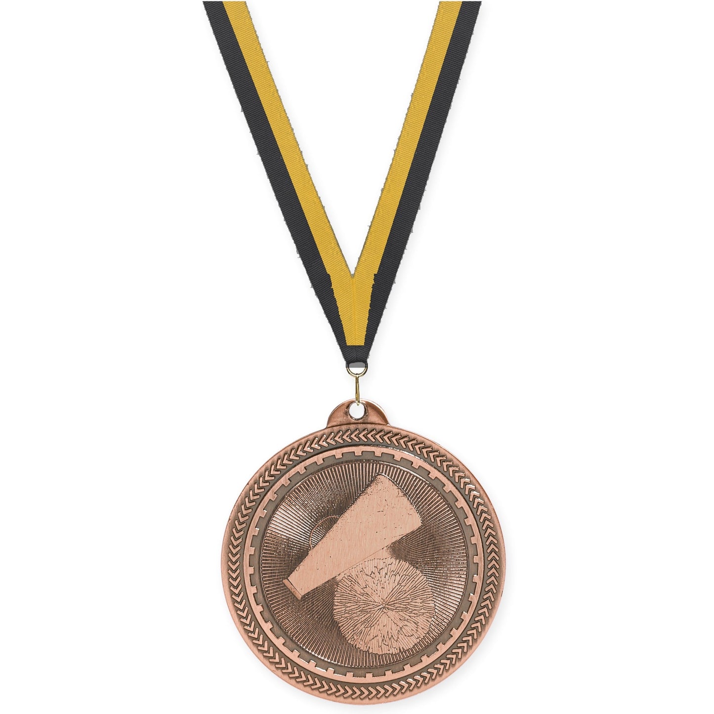 2 inch cheerleading Sunburst medal in antique bronze with Black Gold neck ribbon