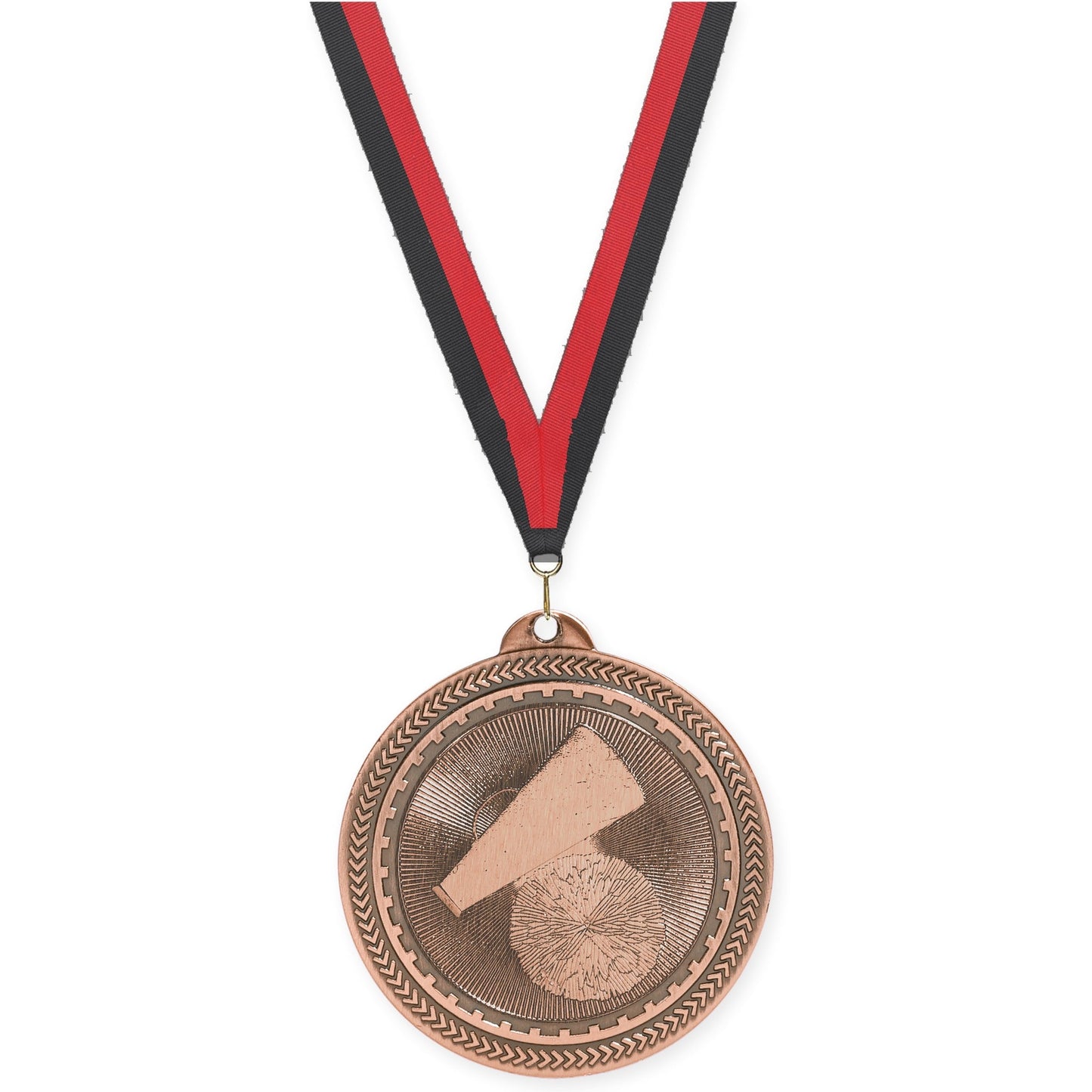 2 inch cheerleading Sunburst medal in antique bronze with Black Red neck ribbon