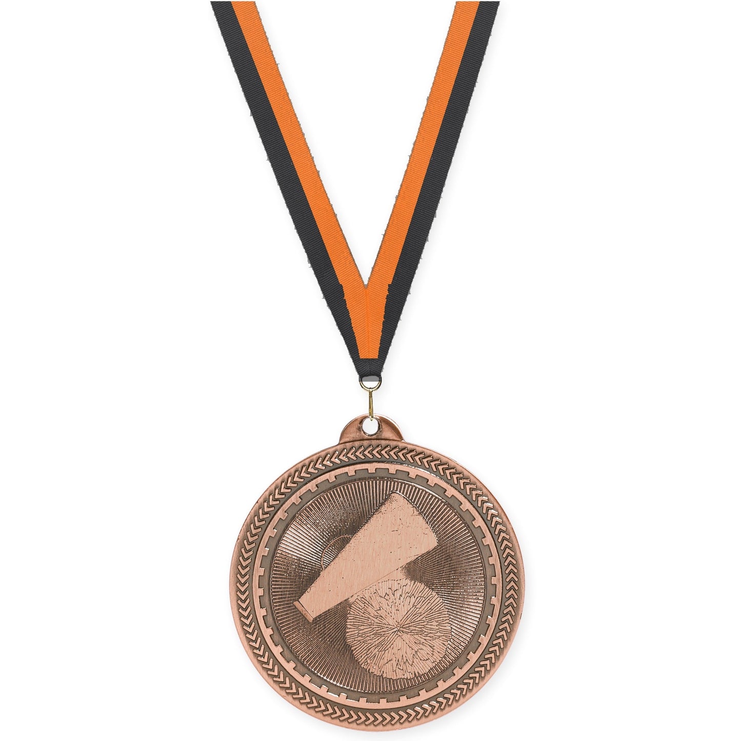 2 inch cheerleading Sunburst medal in antique bronze with Black Orange neck ribbon
