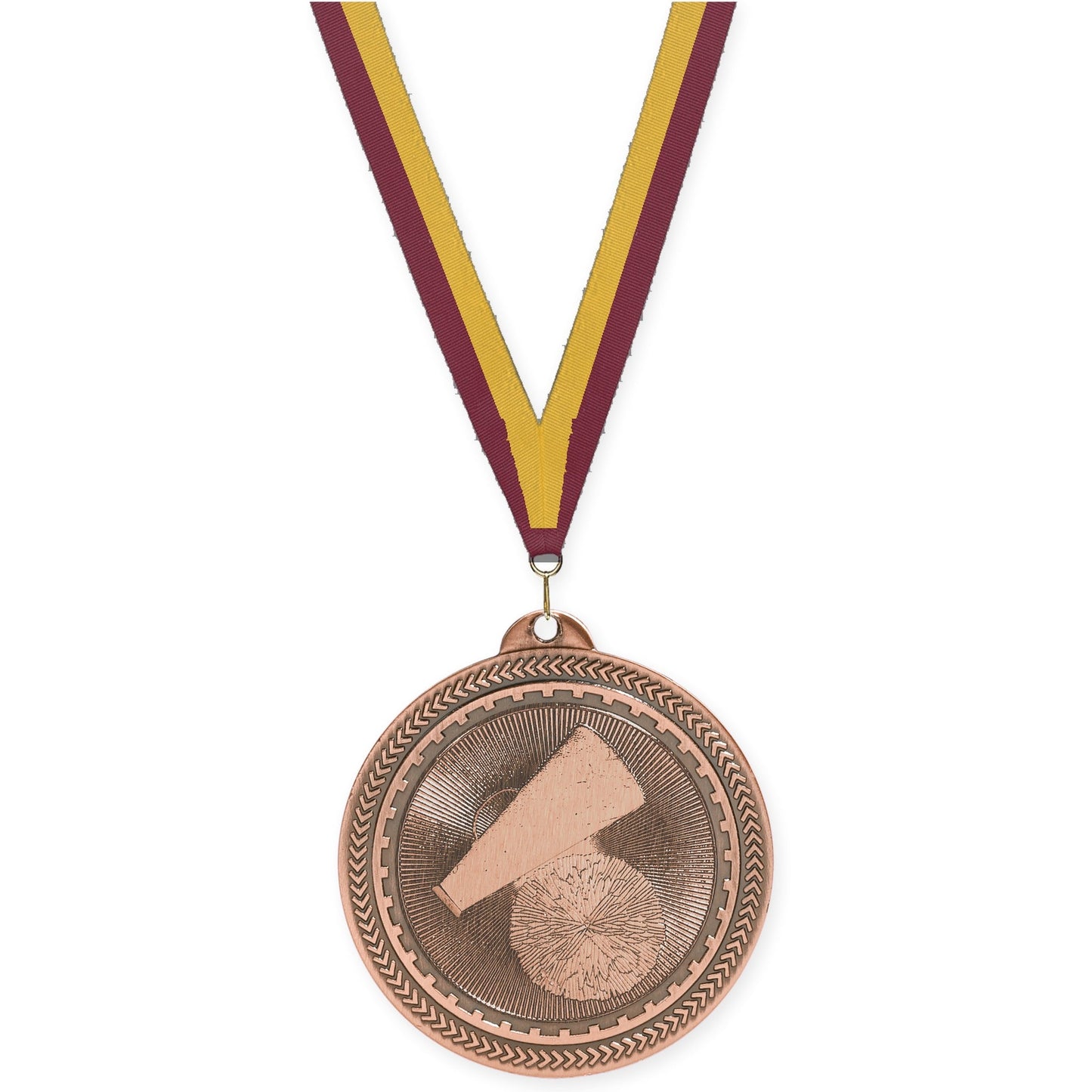 2 inch cheerleading Sunburst medal in antique bronze with Maroon Gold neck ribbon