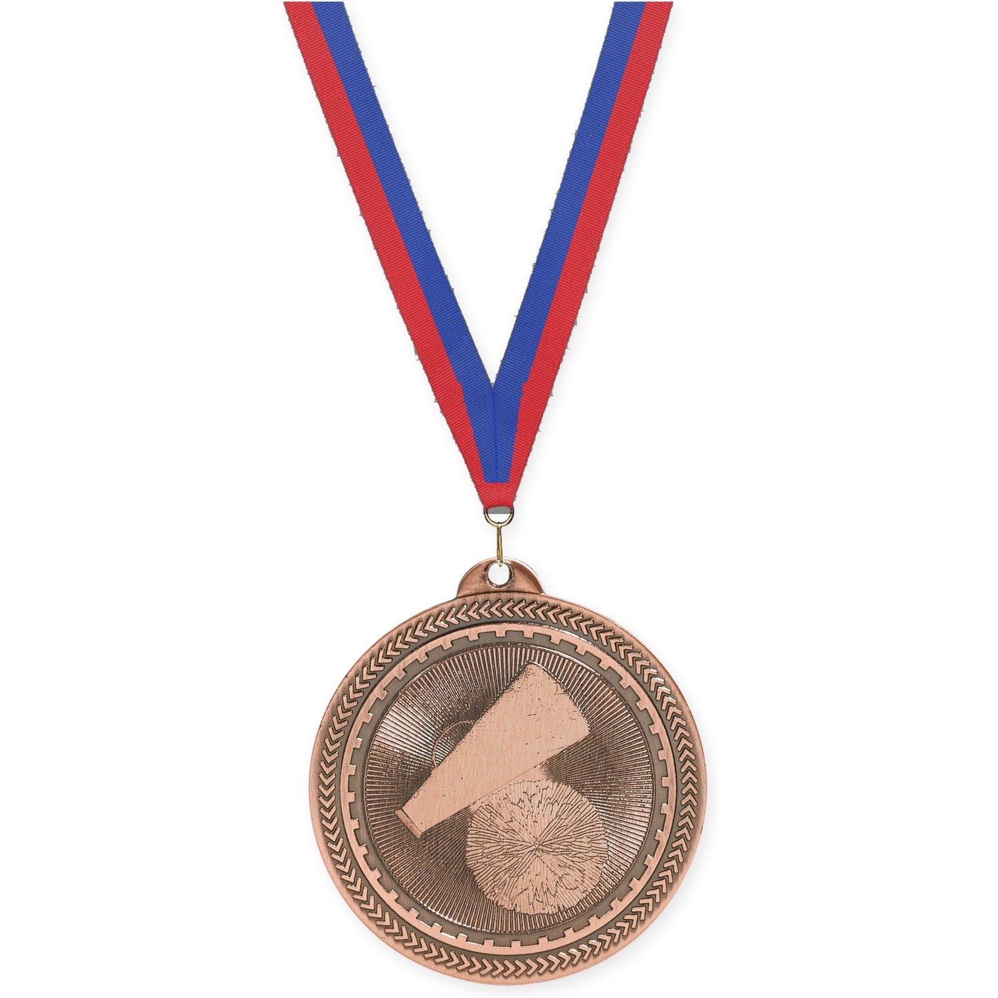 2 inch cheerleading Sunburst medal in antique bronze with Blue Red neck ribbon