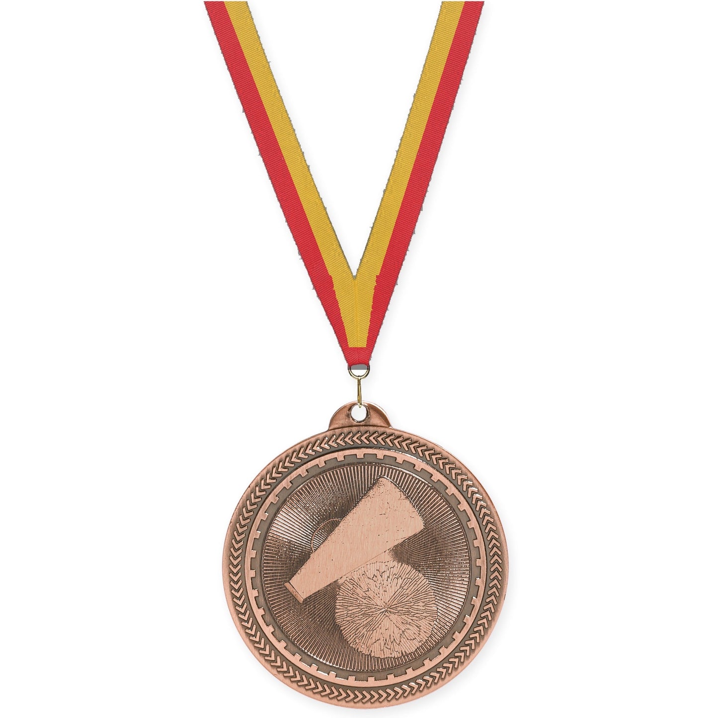2 inch cheerleading Sunburst medal in antique bronze with Red Gold neck ribbon