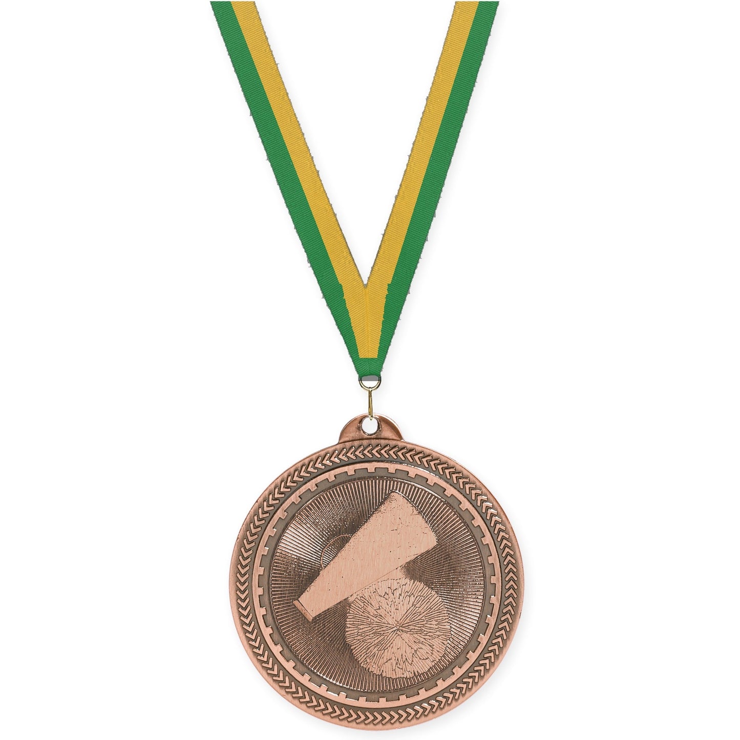 2 inch cheerleading Sunburst medal in antique bronze with Green Gold neck ribbon