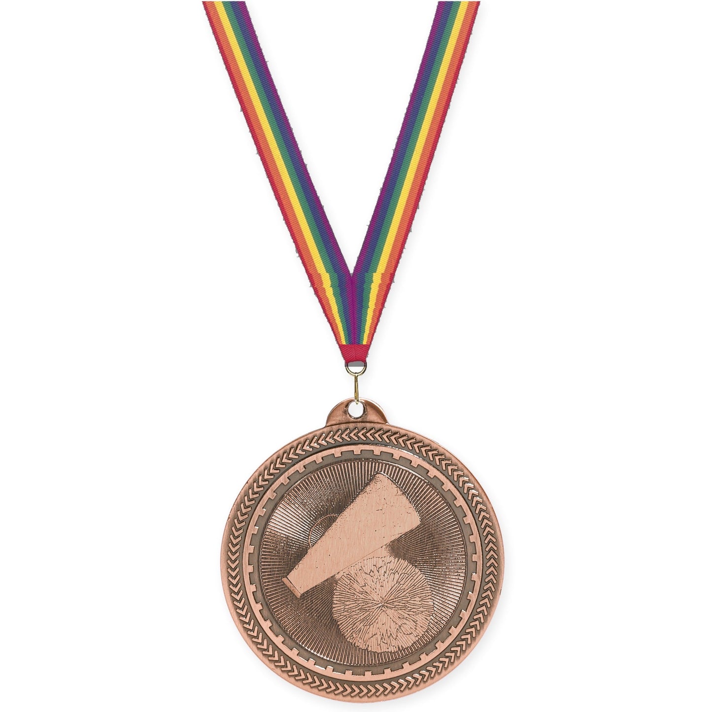 2 inch cheerleading Sunburst medal in antique bronze with Rainbow neck ribbon