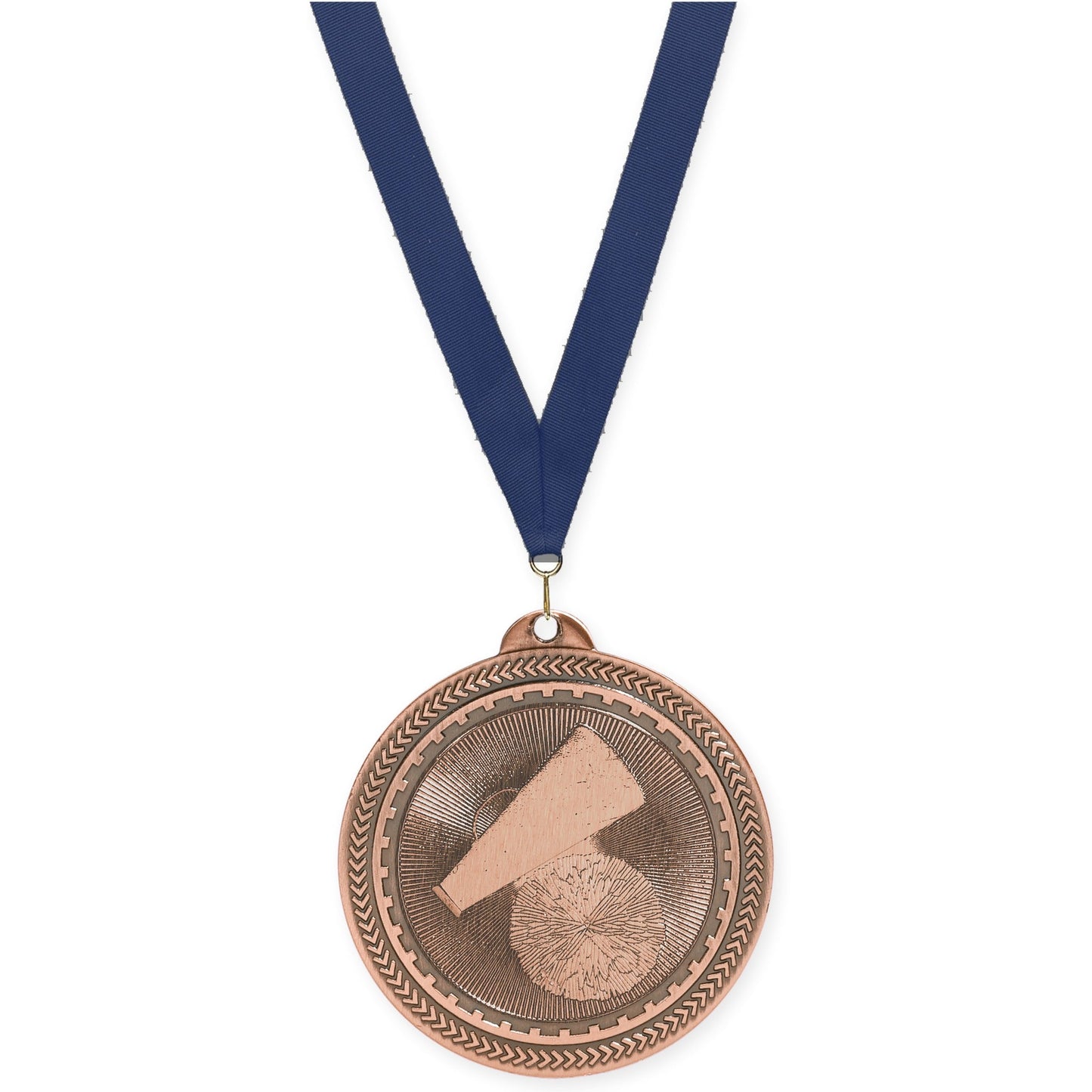 2 inch cheerleading Sunburst medal in antique bronze with Navy neck ribbon