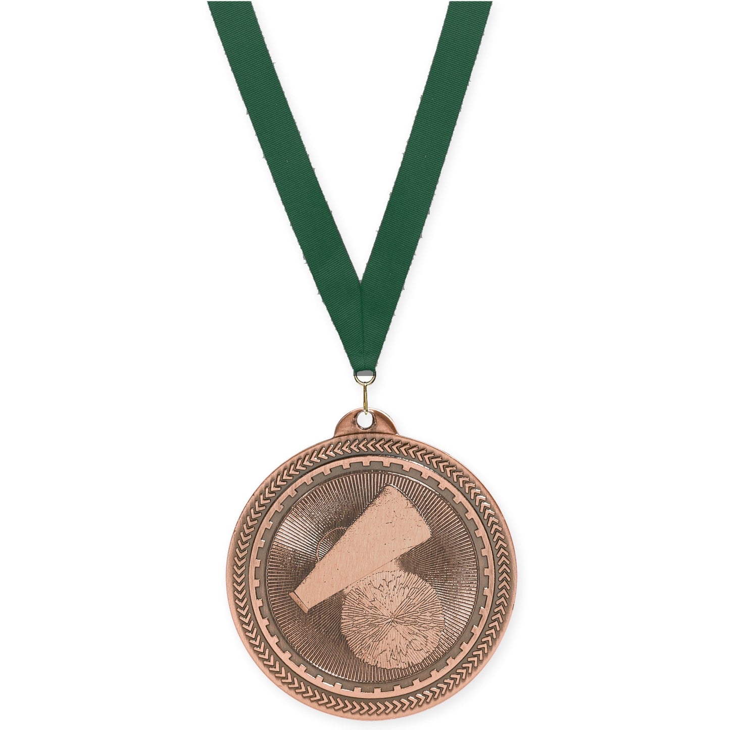 2 inch cheerleading Sunburst medal in antique bronze with Hunter Green neck ribbon