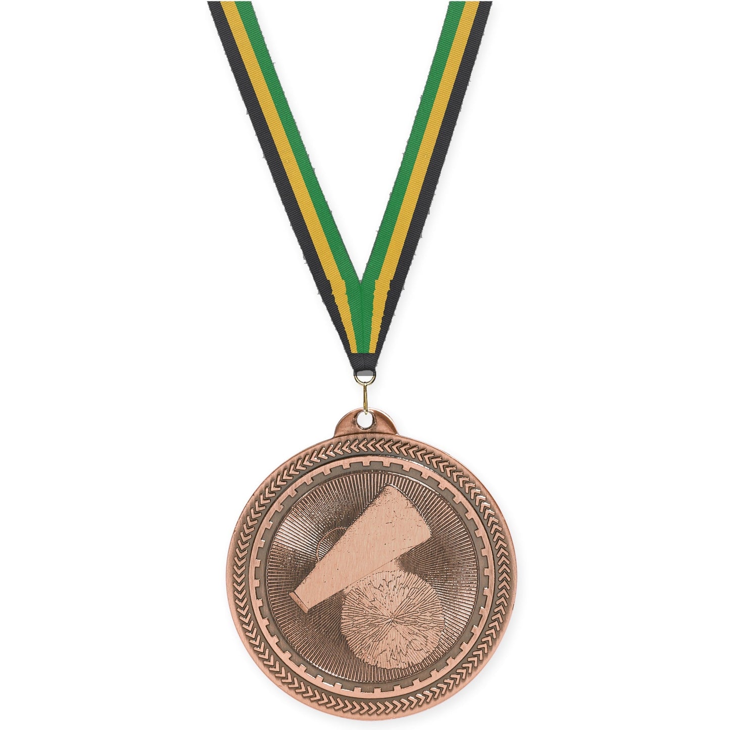 2 inch cheerleading Sunburst medal in antique bronze with Black Gold Green neck ribbon