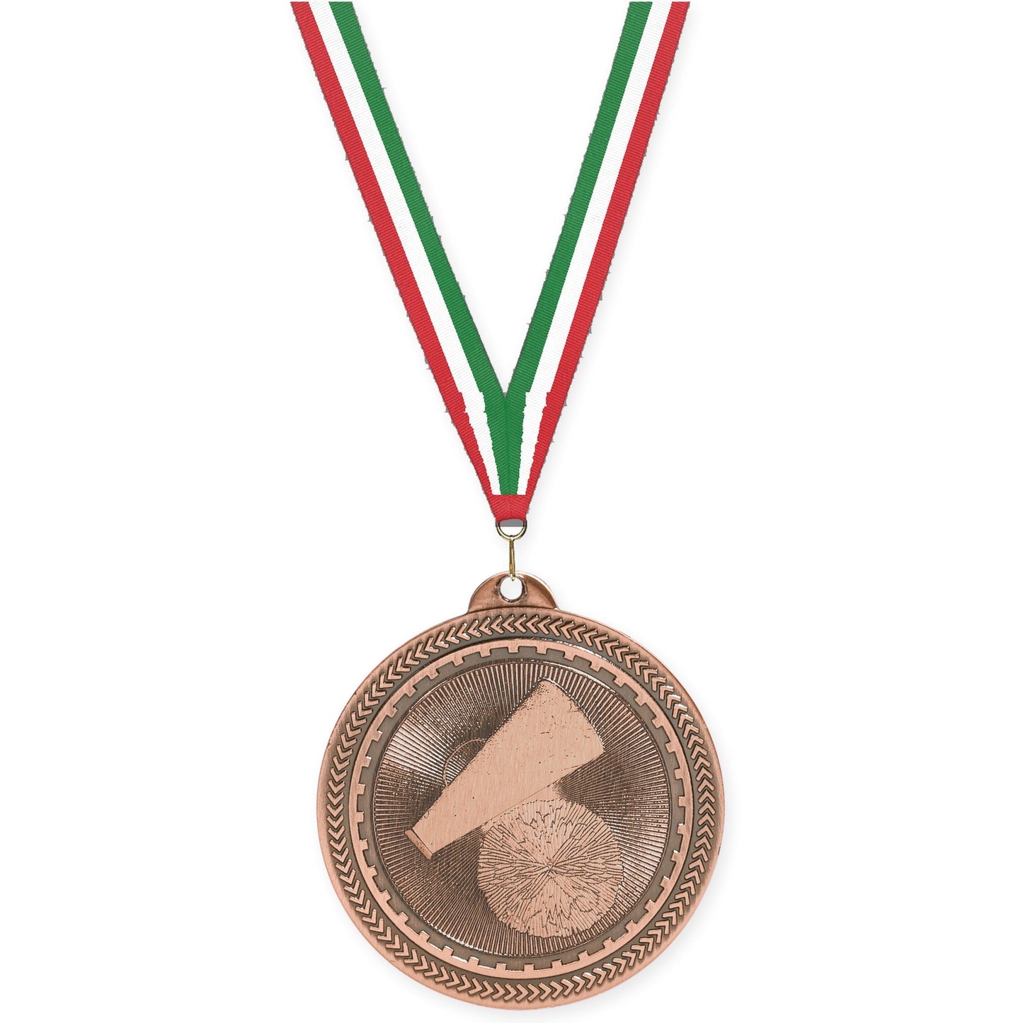2 inch cheerleading Sunburst medal in antique bronze with Red White Green neck ribbon