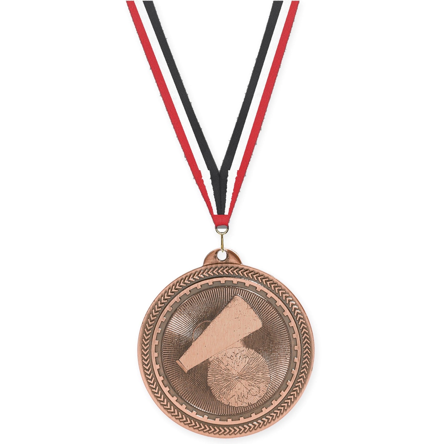 2 inch cheerleading Sunburst medal in antique bronze with Red White Black neck ribbon