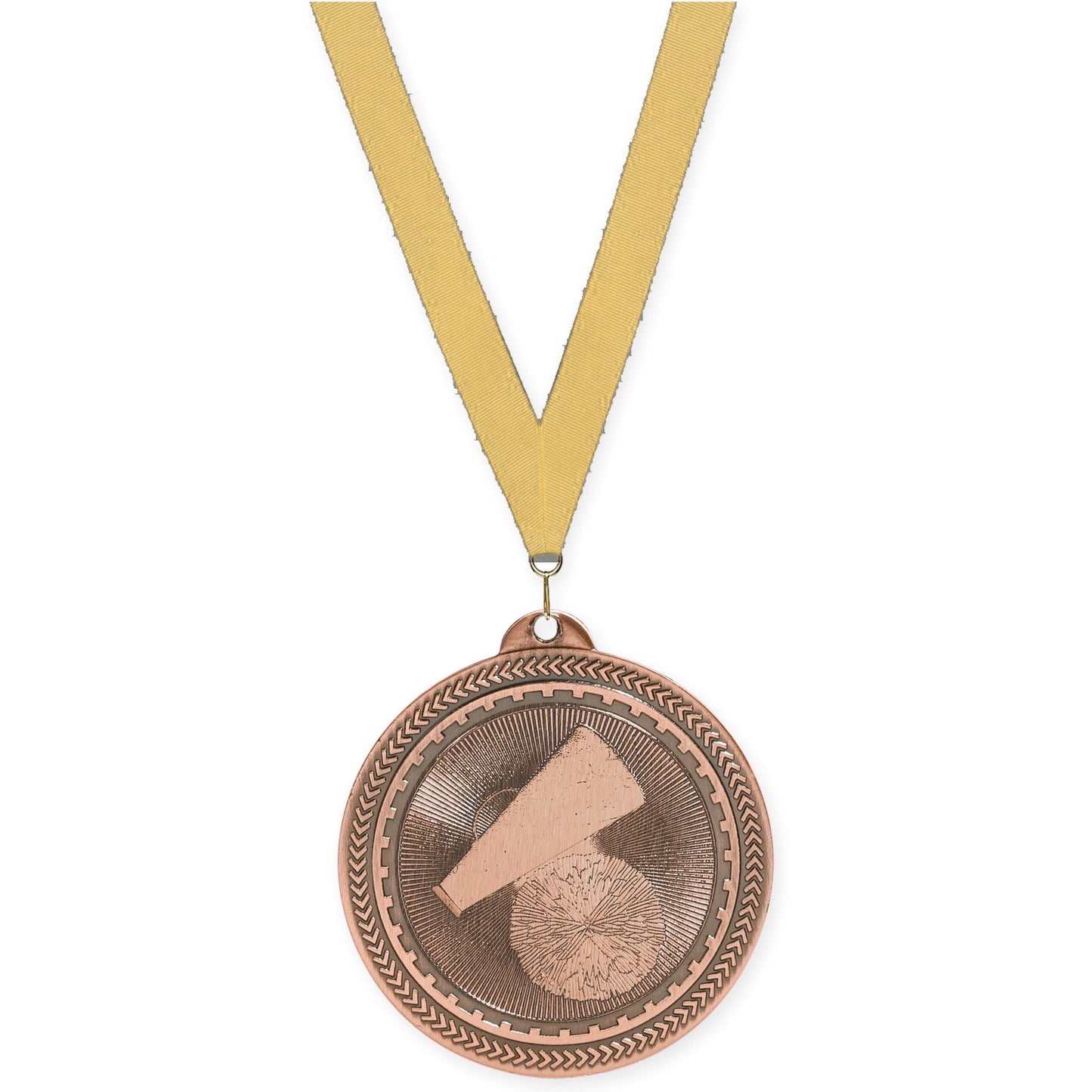 2 inch cheerleading Sunburst medal in antique bronze with Gold Metallic neck ribbon